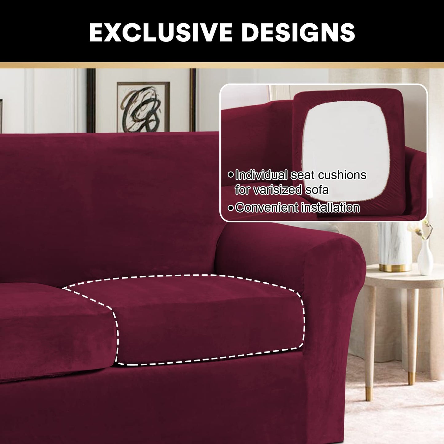PrinceDeco Velvet Couch Cover Loveseat Covers for 2 Cushion Couch 3 Piece Sofa Covers for Dogs Washable Loveseat Covers Width Up to 72 Inch No Slip Stretch Sofa Slipcover(Medium, Burgundy)