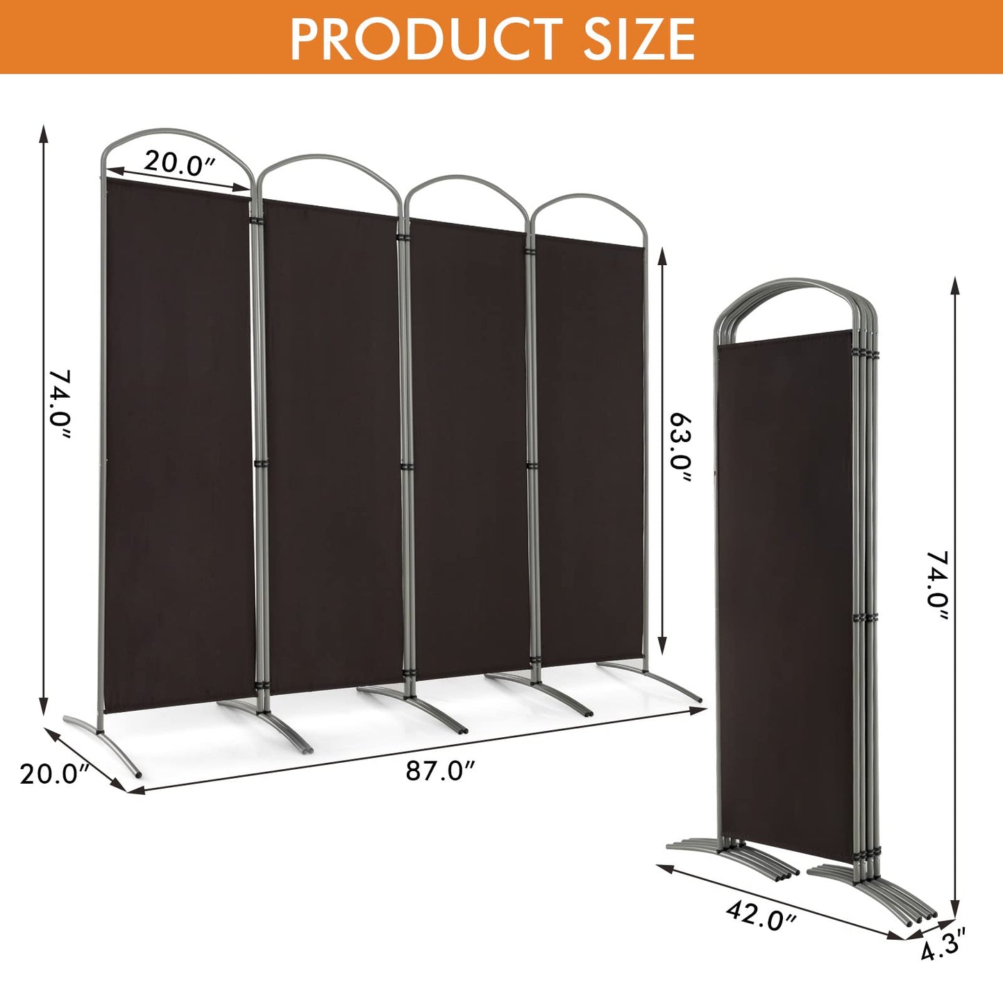 Giantex 6.2Ft Folding 4-Panel Room Divider Brown- 87" Wide Freestanding Foldable Fabric Privacy Screen, Lightweight Portable Partition Wall Divider and Separator for Home Office, Apartment, Studio