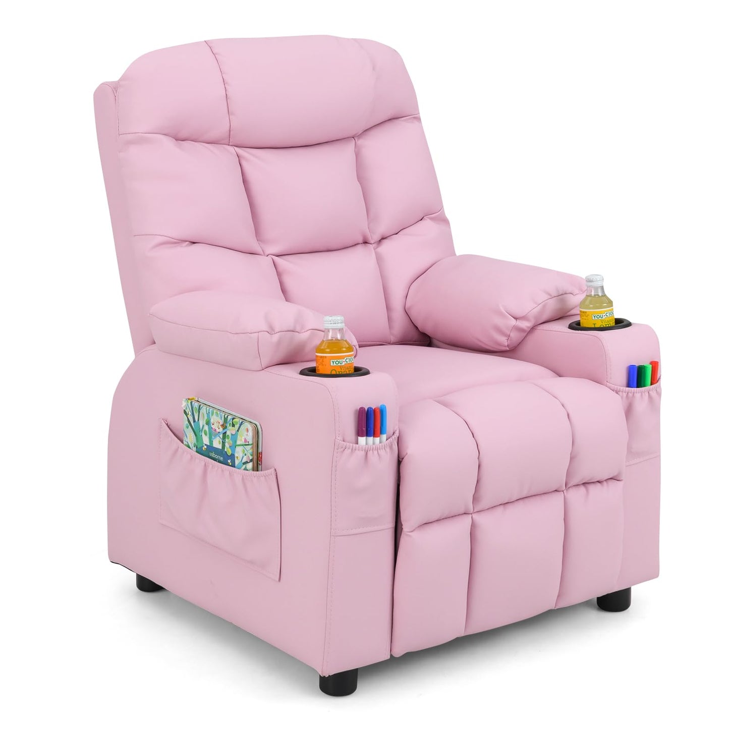 Costzon Kids Recliner Chair with Cup Holder, Adjustable Lounge Chair w/Footrest & Side Pockets for Children Boys Girls Room, Ergonomic Toddler Furniture Sofa, Kids Pink Recliner (Pink)
