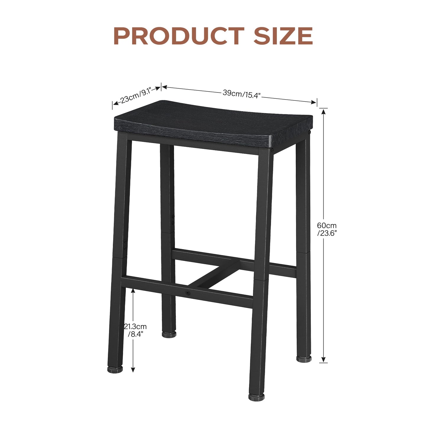 Homeiju Bar Stools, Counter Height Bar Stools Set of 2, 23.6 Inch Saddle Stools with Footrests, Industrial Kitchen Counter Seat for Dining Room, Kitchen, Counter, Black