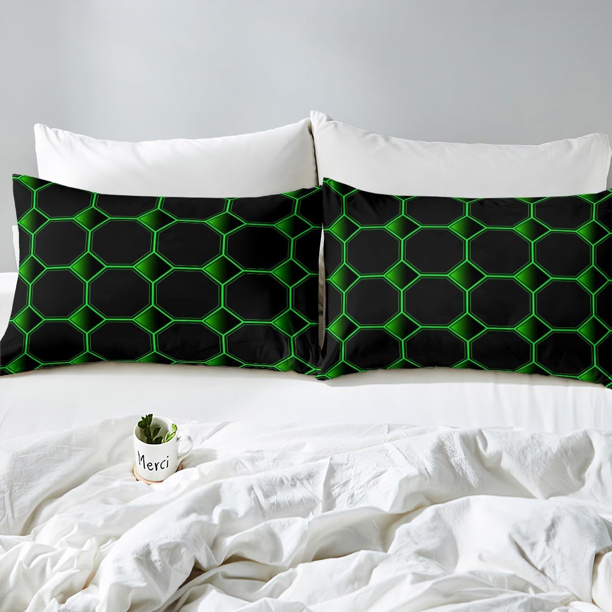 Honeycomb Bed Sheets Set Queen Size Geometric Hexagonal Beehive Sheet Set for Boys,3D Stereoscopic Green Hexagon Sheets,Simplistic Geometrical Black Room Decor