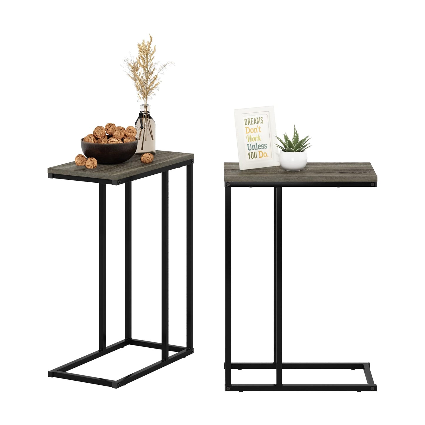 Furinno CAMNUS Side Table Set of 2, C-Shape Sofa End Table for Couch, Metal Frame Night Stand, Bedside Table, for Living Room, Bedroom, French Oak Grey