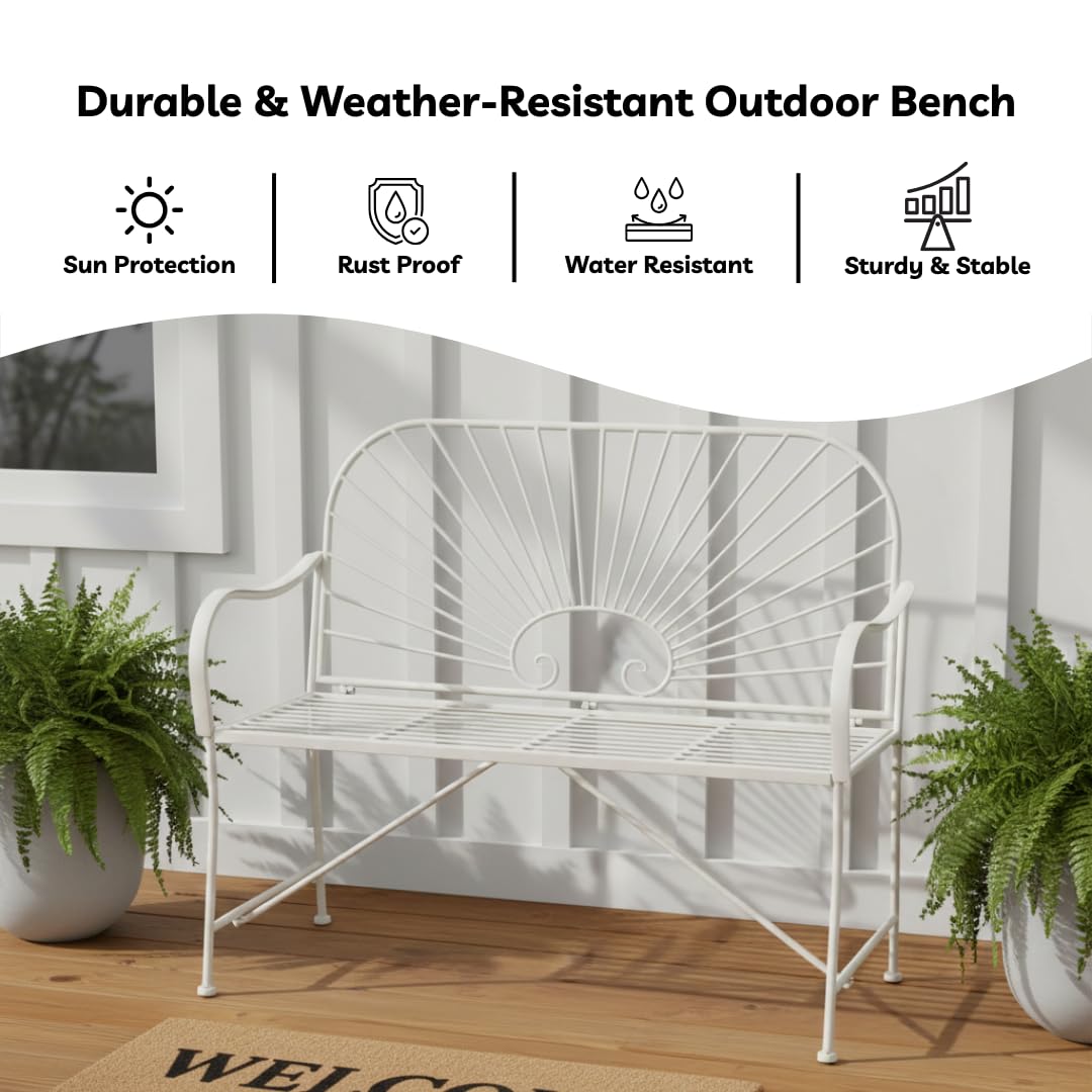 XBrand 44" L Iron Sun-Patterned Seat for Two, Patio & Porch Furniture for Park, Yard, Lawn, Balcony, Backyard – White