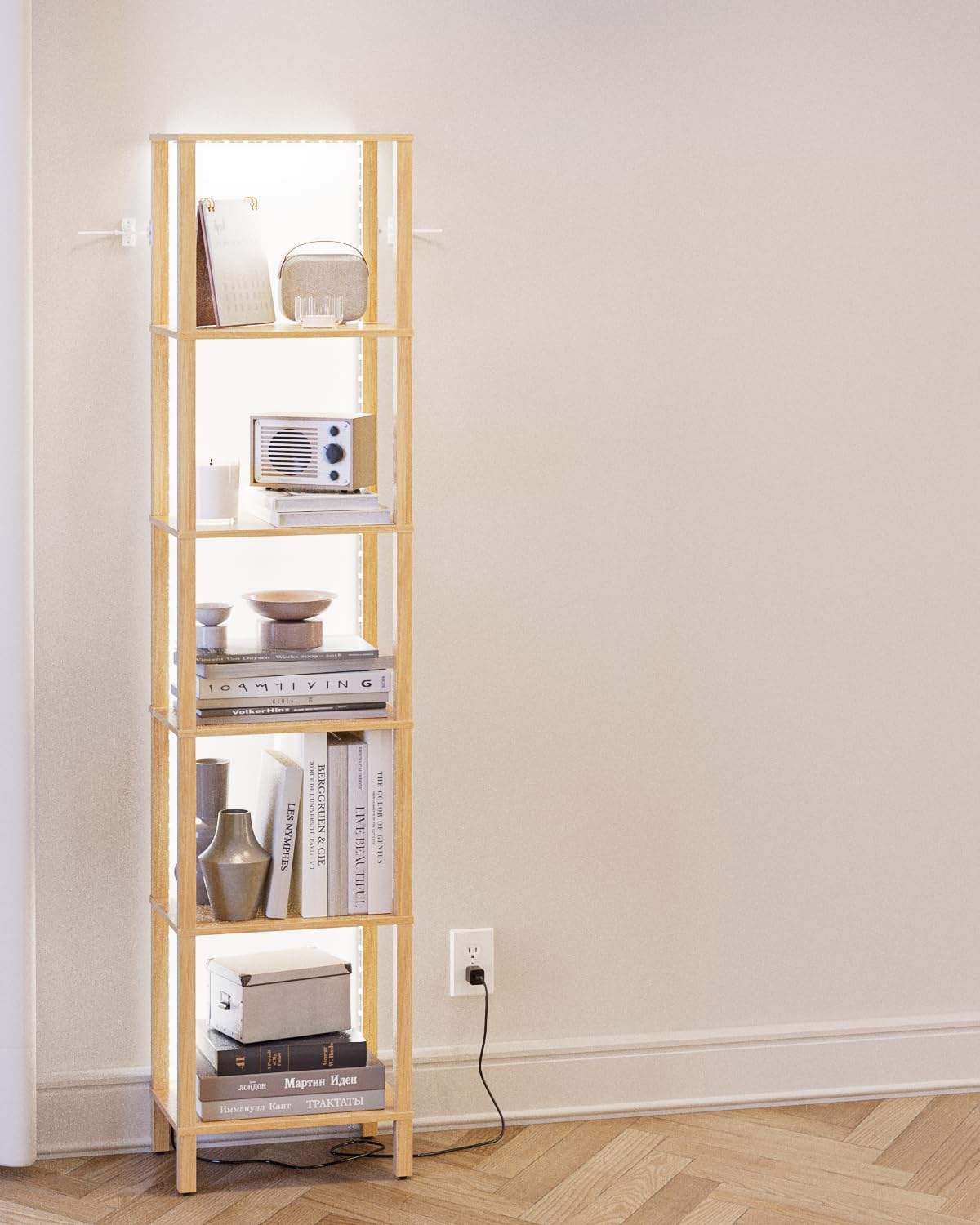 Apetaccat Open Book Shelf with LED Lights, 6 Tier Tall Bookshelf, Freestanding Shelf Narrow Bookcase with Open Shelves, 14.57" x 10.63" x 65.83", Book Shelves for Living Room, Office, Study, Oak