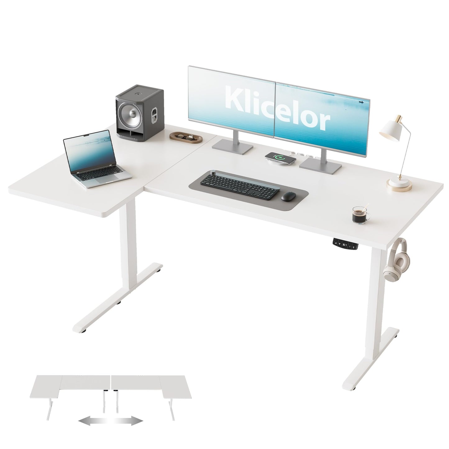 Klicelor L Shaped Standing Desk, 55 Inch Electric Height Adjustable Desk with Memory Preset, Reversible Sit Stand Up Computer Workstation for Home Office, Splice Board, White