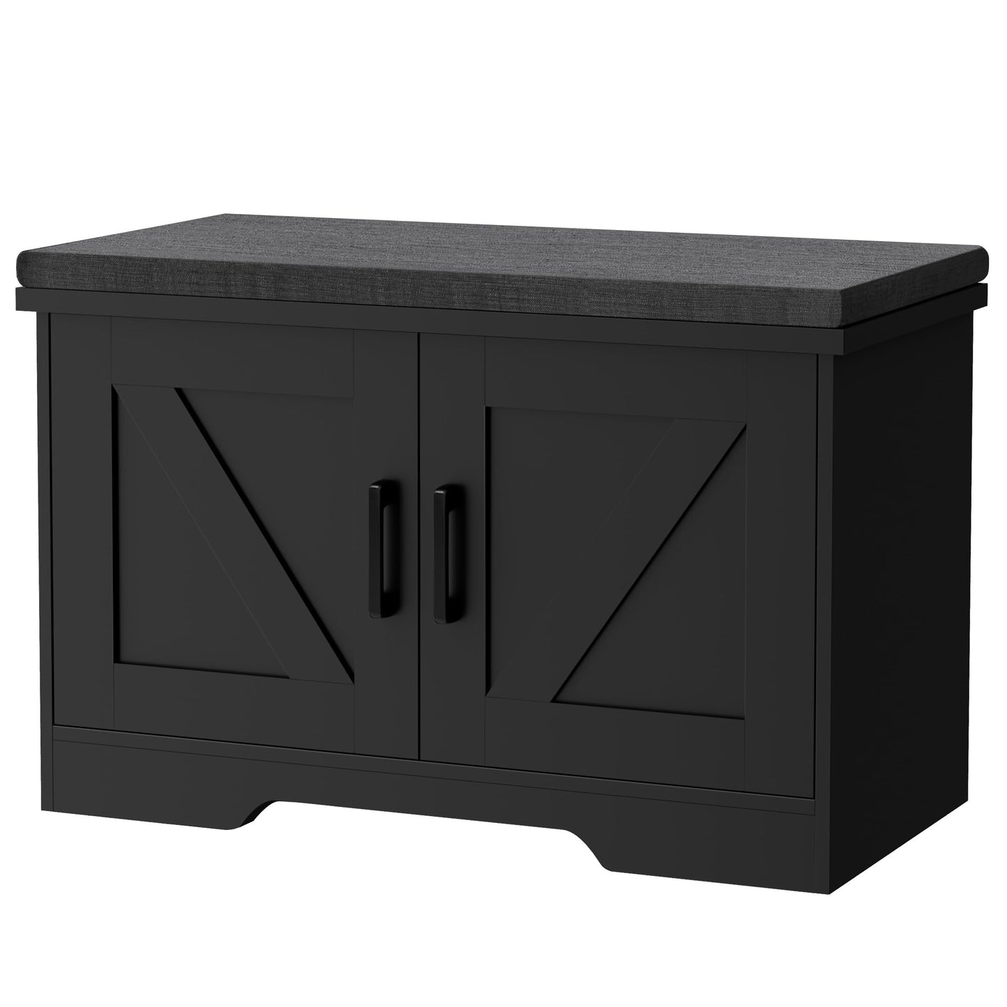 HOMSHO 2-Tier Storage Bench, 27.6" Wide Shoe Bench with Padded Seat Cushion, Entryway Bench with 2 Barn Doors and Adjustable Shelf, Black
