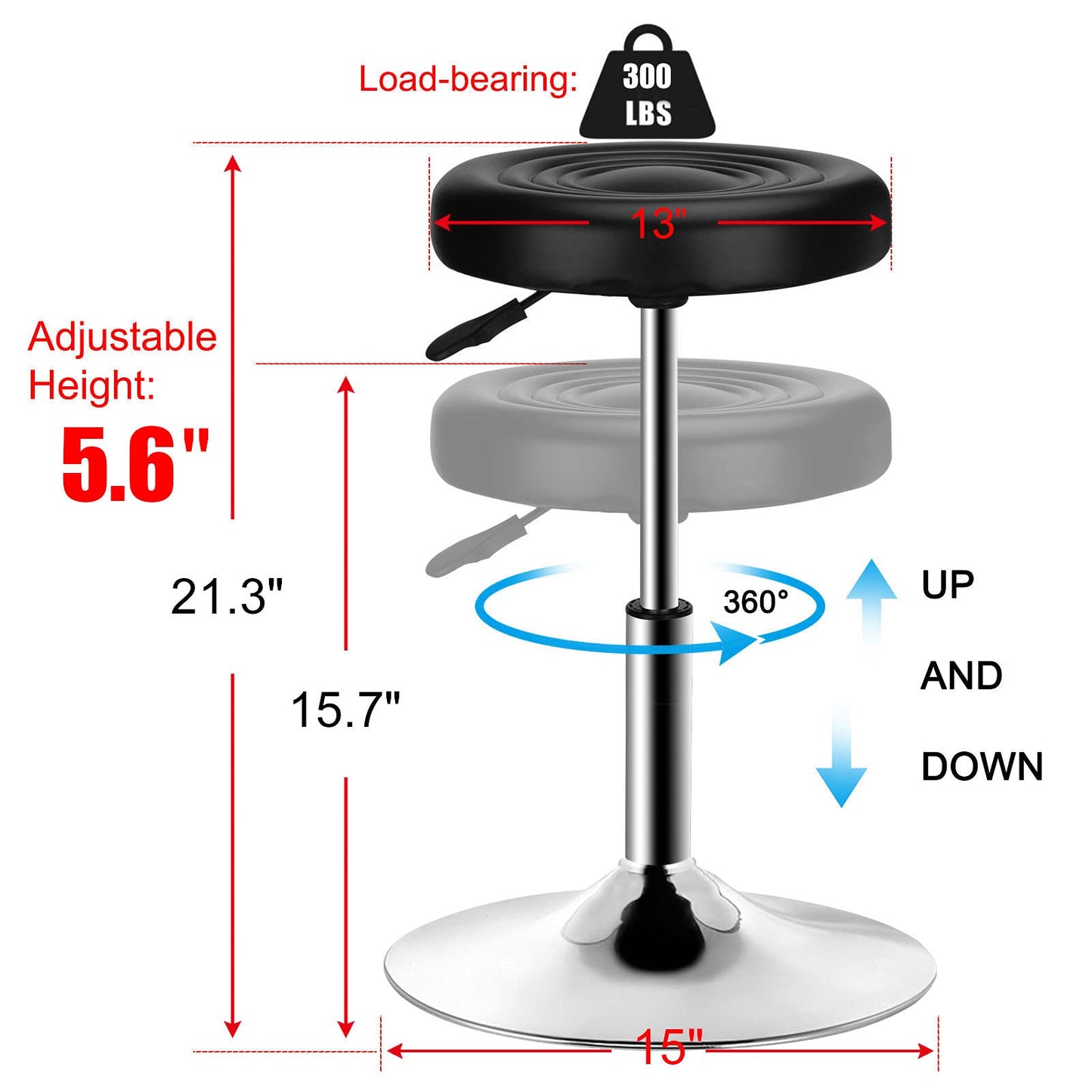 QiCheng&LYS Round Office Stool Chair - Adjustable Height Sit Stand Stool, 360 Swivel, Black