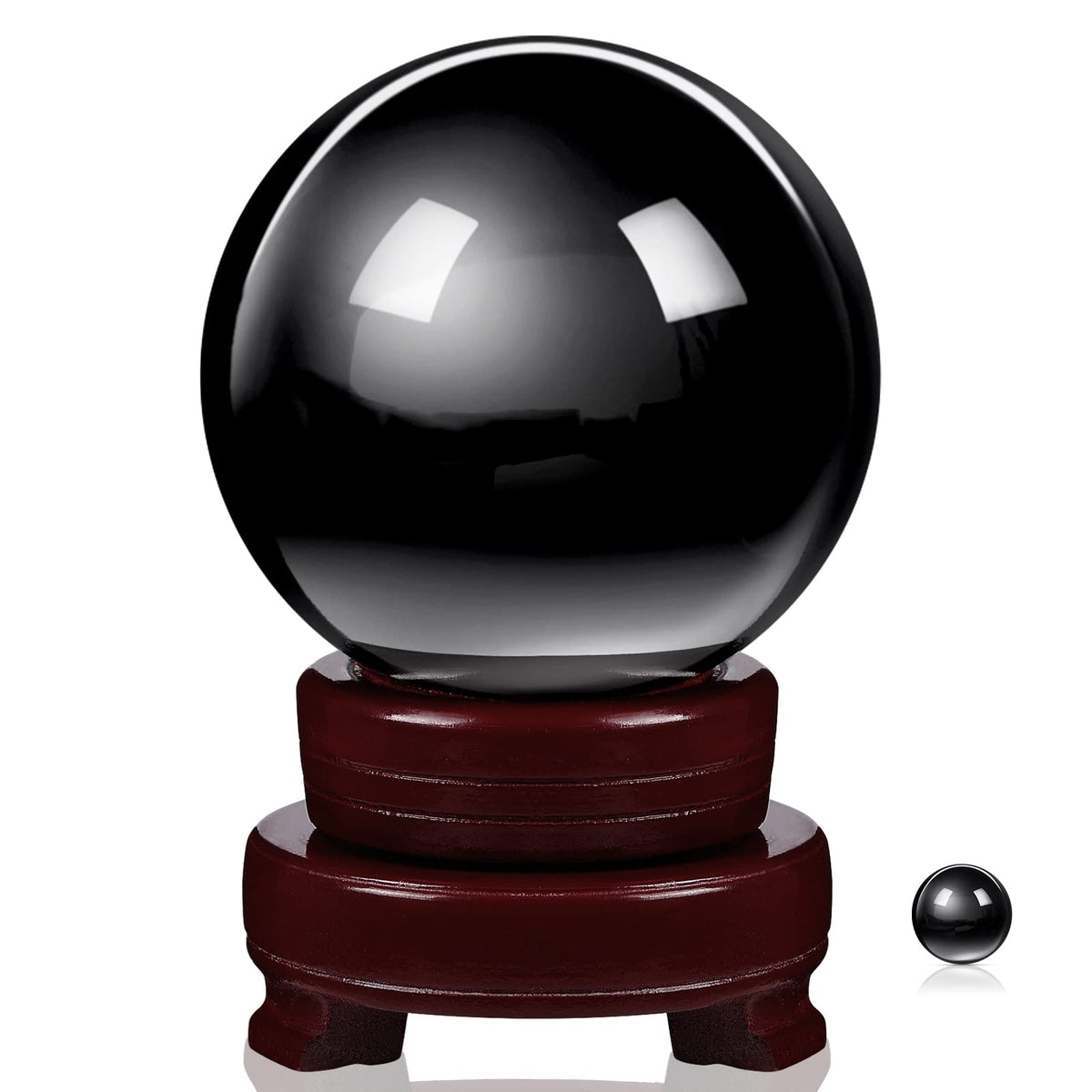 CHENGU 2 Pieces Obsidian Crystal Ball Set with Wooden Stand 80 mm and 20 mm Clear Crystal Ball Decorative Obsidian Sphere for Home Decorations Meditation Healing Witchcraft(Black)
