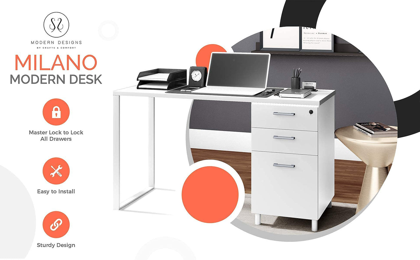 Modern Design Milano Office Desk with 3 Locking Drawers, 48 Inch White Industrial Wood Desk with Filing Drawer and Storage, by Crafts and Comfort
