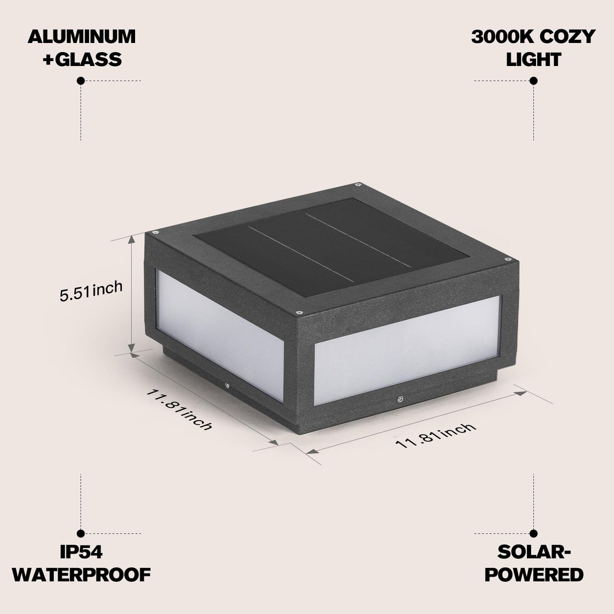 Smplhavn 11.81" Solar Post Lights Glass, 3000K LED Outdoor Lamp Post Light, IP54 Waterproof Solar Pillar Lights Outdoor, Dusk to Dawn Column Lighting for Posts Fence Outside Entrance Yard Driveway