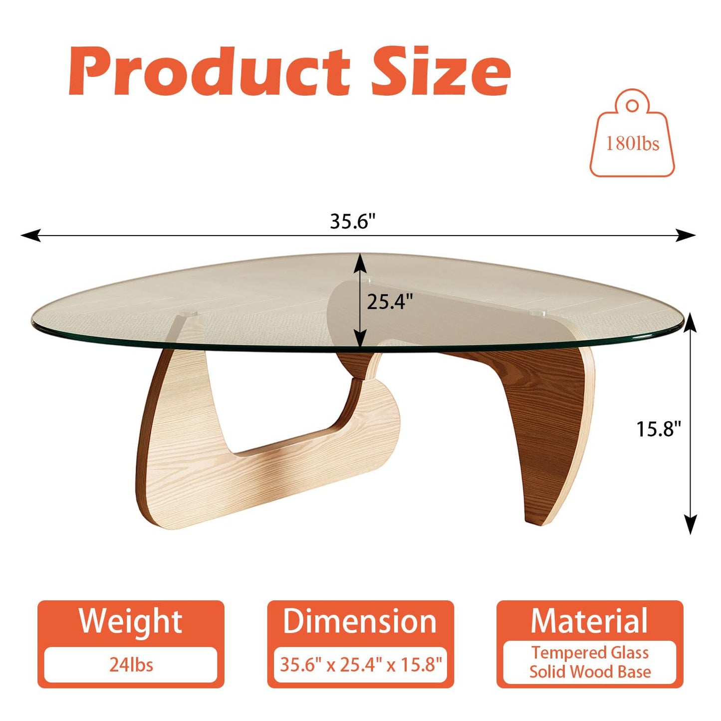Miloyer Modern Coffee Table for Living Room and Small Spaces, 35.6" x 25.4" x 15.8" Triangle Tempered Glass Table Top and Solid Wood Base, Natural Wood