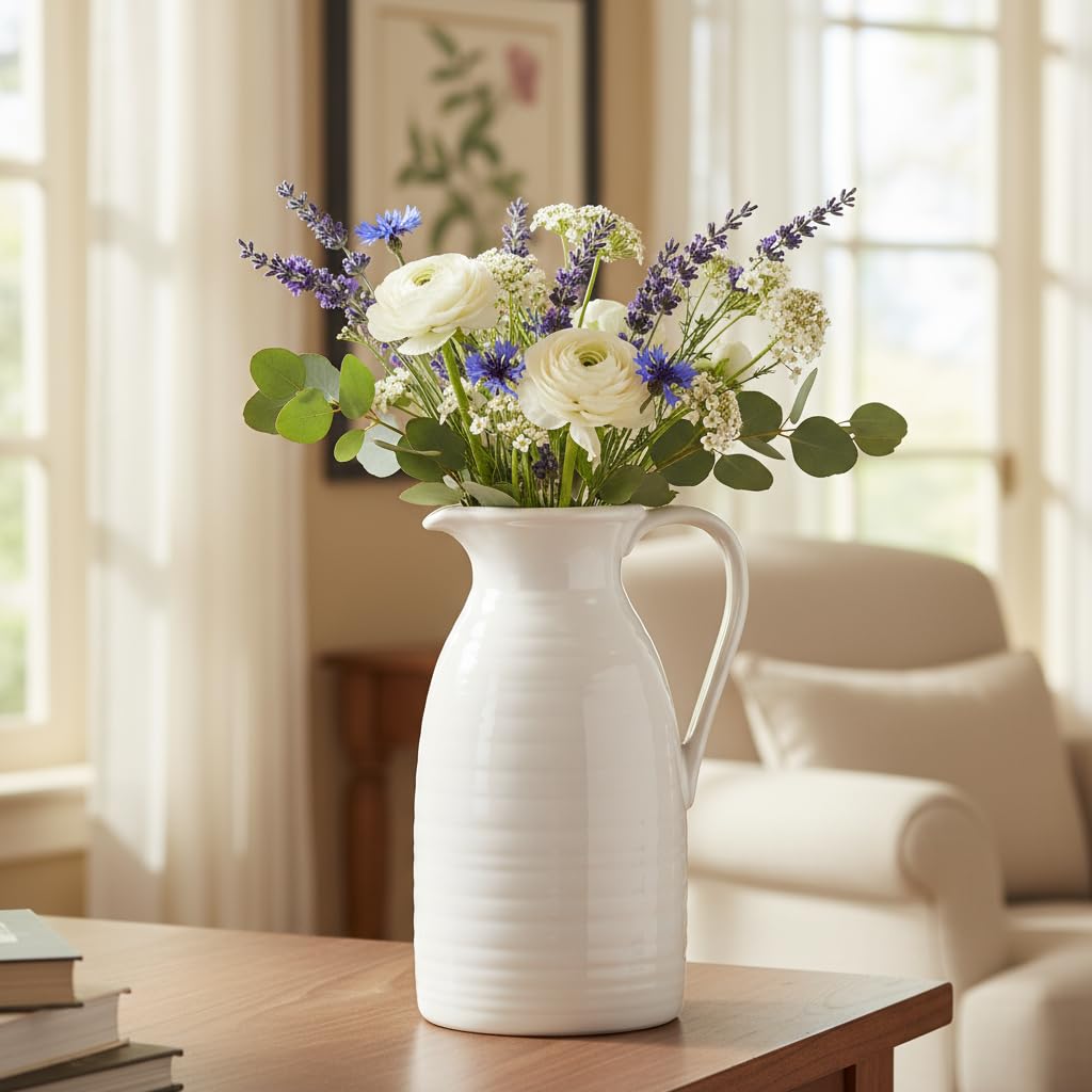 hjn Farmhouse Pitcher Vase for Flowers- Ceramic Pitcher White Flower Vase for Your Kitchen/Home Decor/Office/Living Room/Bookshelf/Mantel/-White