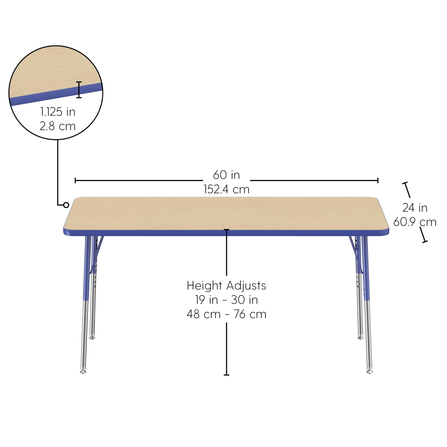 FDP Rectangle Activity School and Office Table (24 x 60 inch), Standard Legs with Swivel Glides, Adjustable Height 19-30 inches - Maple Top and Blue Edge