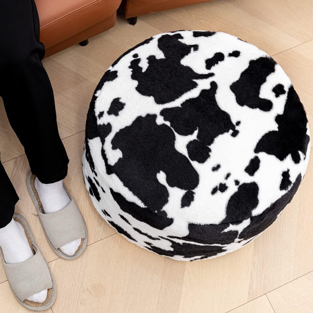 Round Pouf Ottoman 20 x 20 x 14 Inches Boho Poof Home Decor Floor Pouffe Ottoman Foot Rest for Couch Sofa Bean Bag Chairs Living Room Bedroom (Black White Cow Print)