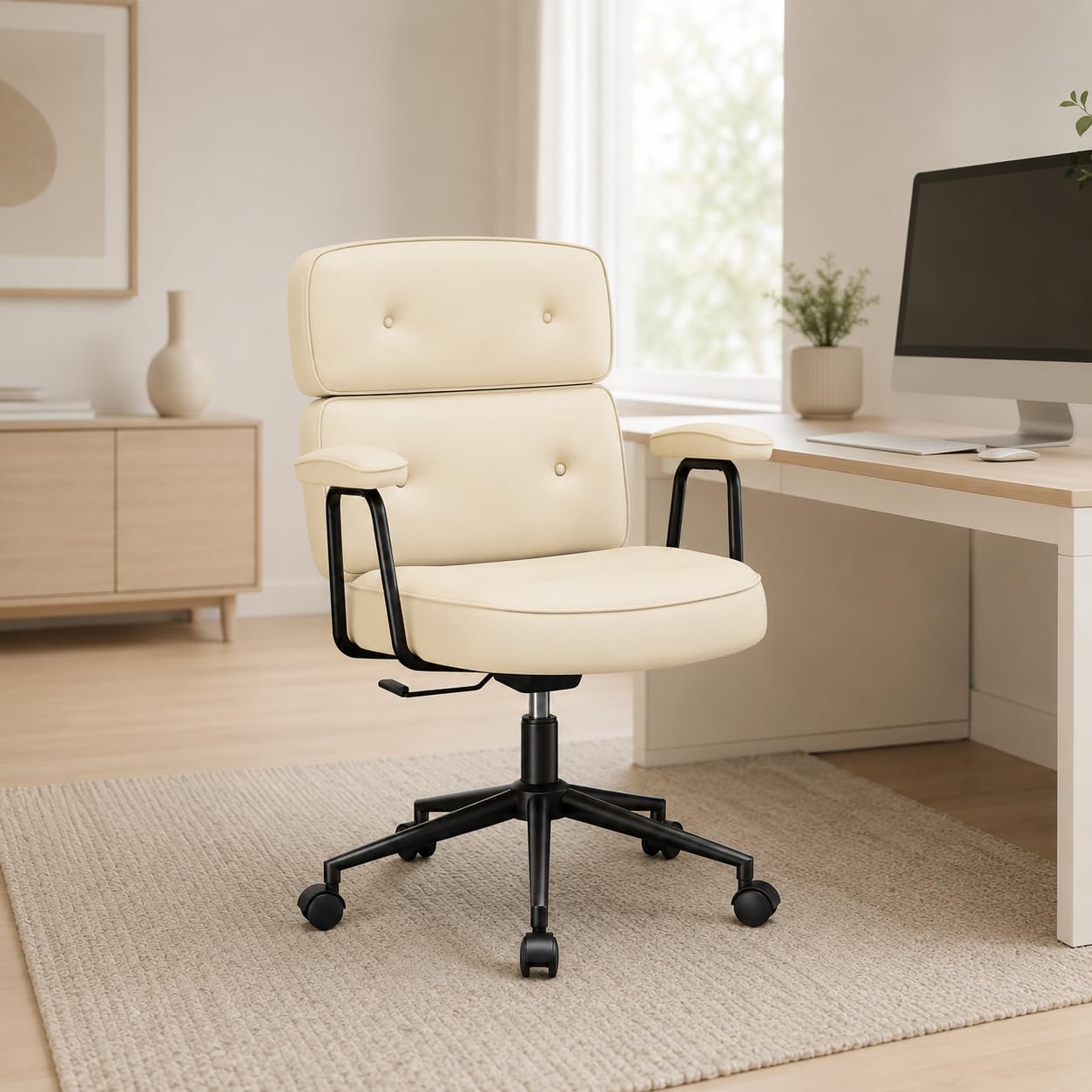 Ergonomic Home Office Desk Chair, PU Leather Computer Chair with Lumbar Support, Adjustable Height, 360° Swivel Rolling Wheels, Executive Task Chair for Office, Gaming, Meeting Room, Beige
