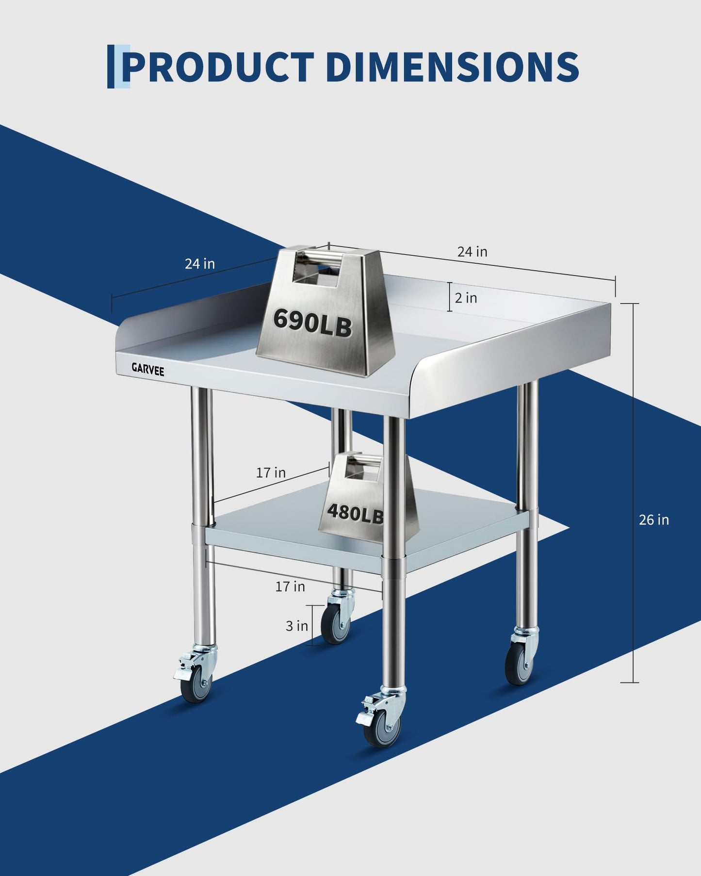 Stainless Steel Work Table 24x24 Inch with Wheels & 3-Sided Backsplash, Heavy Duty Commercial Prep Table, Adjustable Shelves, 4 Casters (2 Locking) for Kitchen, Restaurant, Home, Hotel