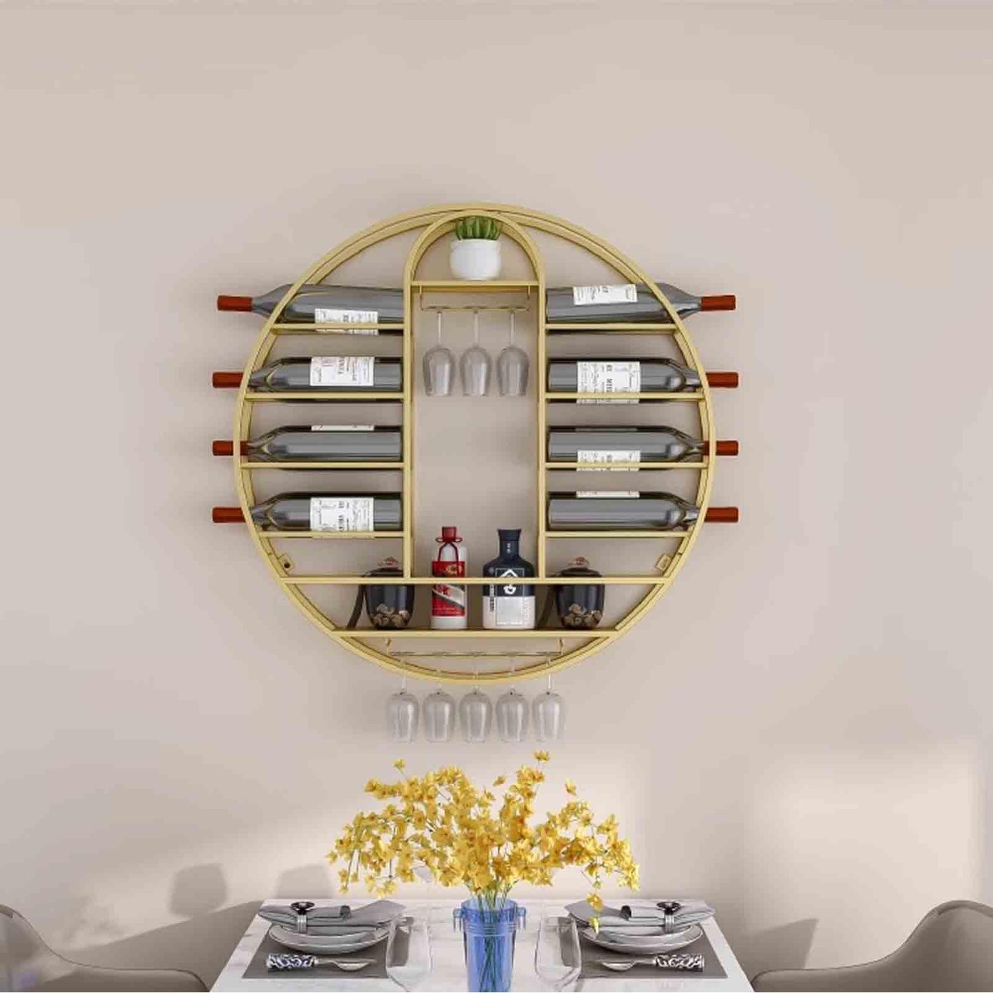 Wall-Mounted Hanging Wine Rack, Iron Bottle Shelf & Glass Stemware Organizer, Stylish Home & Bar Display, 60x11x60cm, Gold Liquor Storage for Kitchen & Cafe