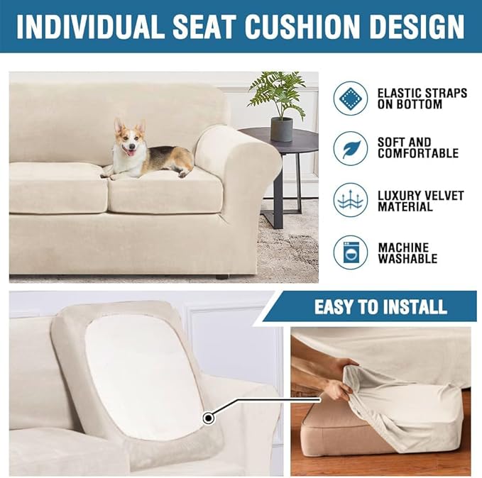 H.VERSAILTEX Modern Velvet Plush 4 Piece High Stretch Sofa Slipcover Furniture