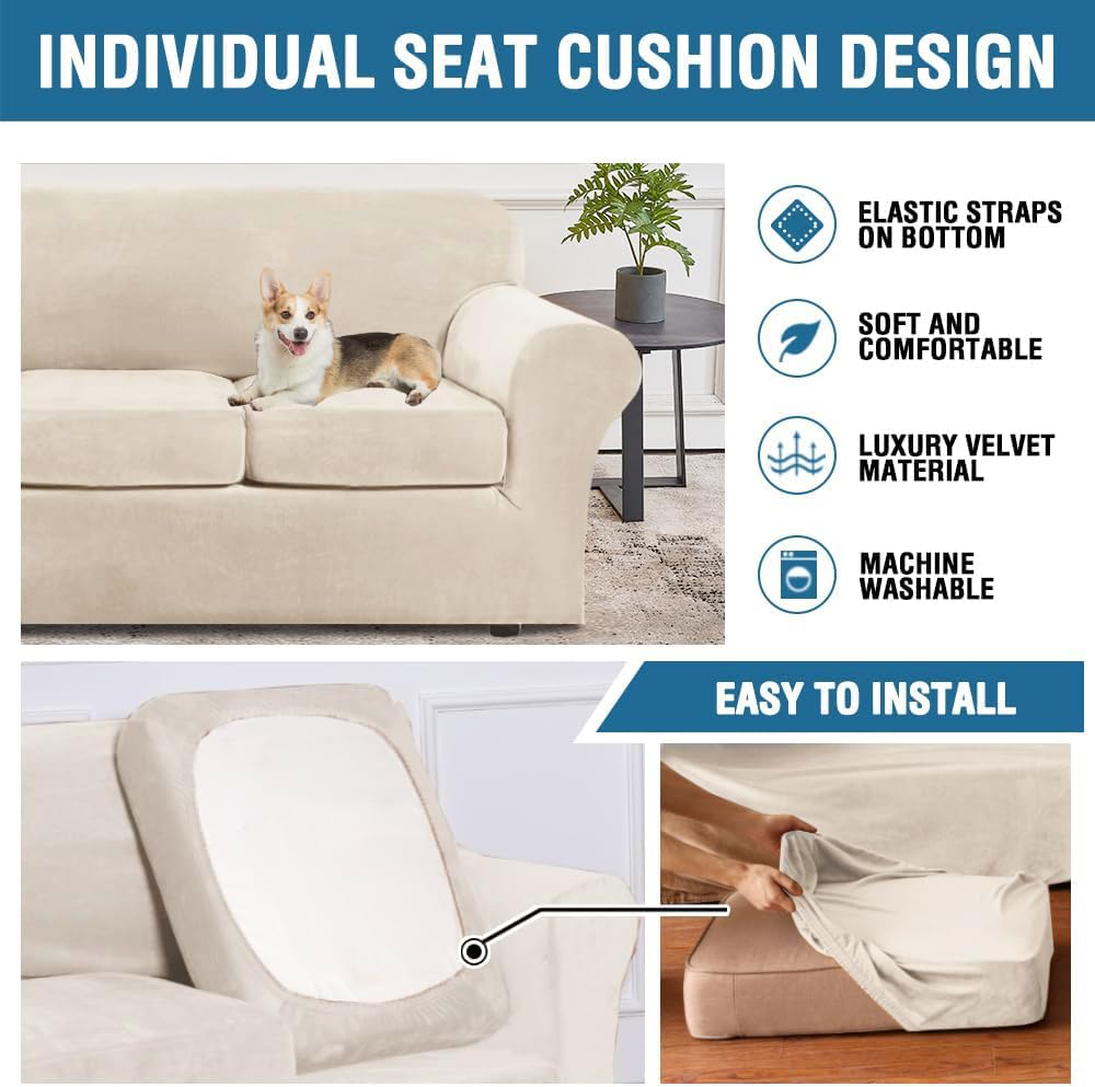 H.VERSAILTEX Modern Velvet Plush 4 Piece High Stretch Sofa Slipcover Sofa Cover Furniture Protector Form Fit Thick Velvet Sofa Cover for 3 Cushion Couch Width Up to 90 Inch (Sofa, Cream)