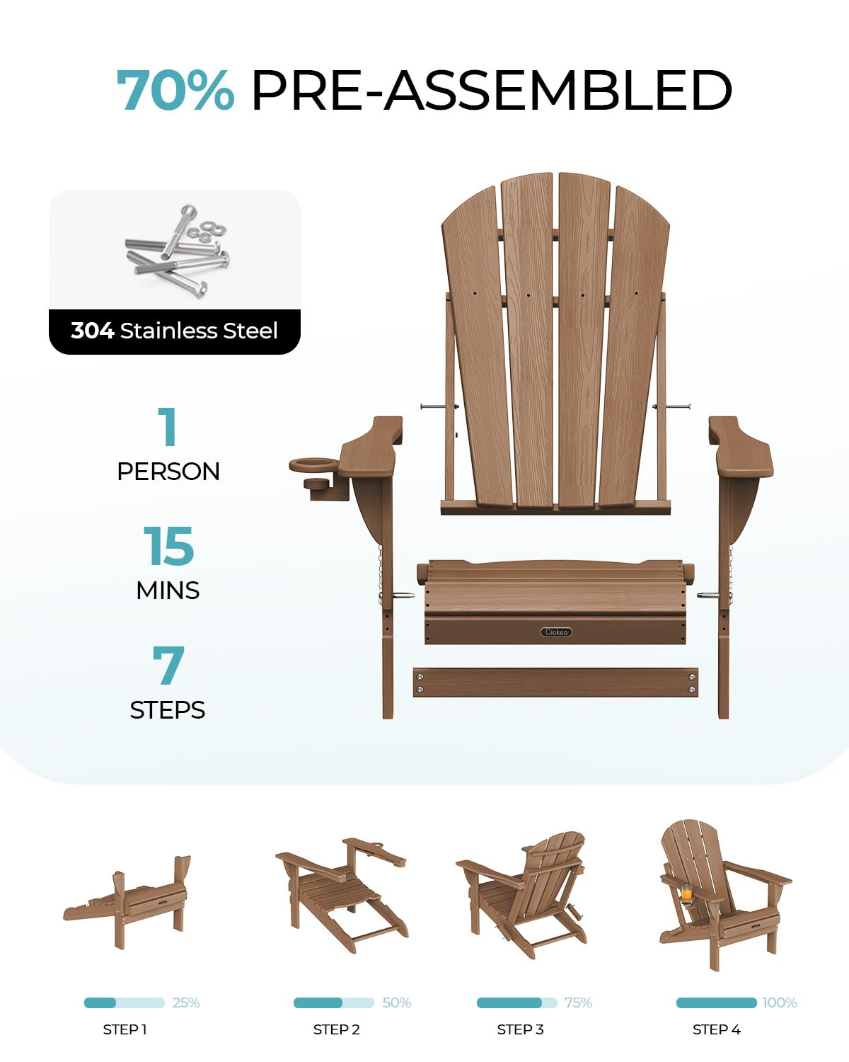 Ciokea Folding Adirondack Chair Wood Texture, Patio Adirondack Chair Weather Resistant, Plastic Fire Pit Chair with Cup Holder, Lawn Chair for Outdoor Porch Garden Backyard Deck (Teak)