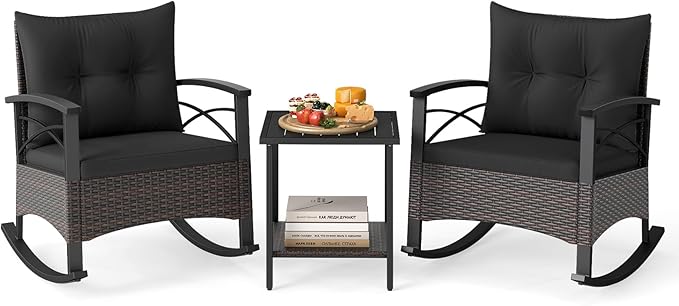 Tangkula 3 Piece Rattan Rocking Chair Set, Patio Rocker Bistro Set