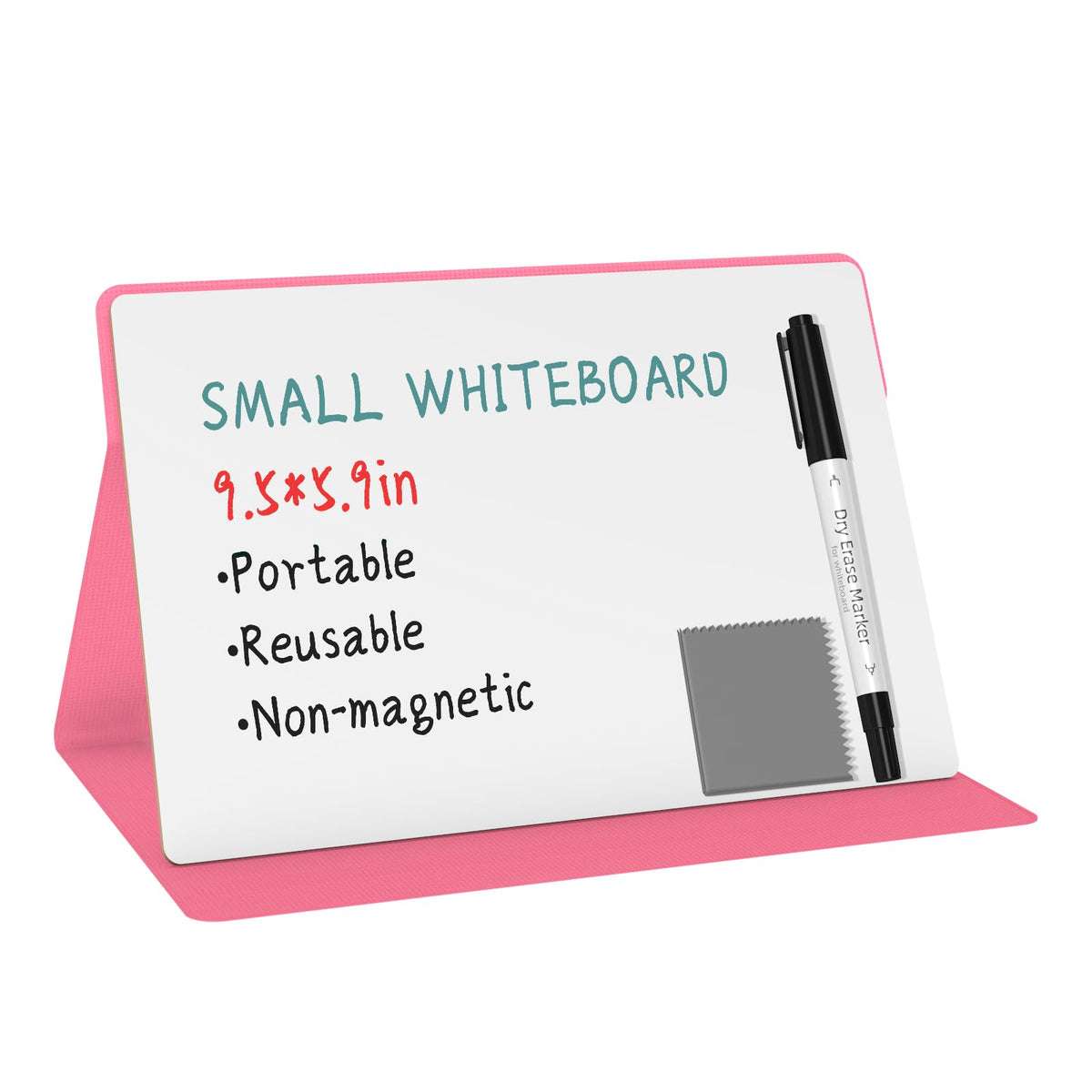 Portable Small White Board,Reusable Dry Erase Board with Stand,Desktop Whiteboard for Office Meeting Bussiness Home 9" x 6" with Marker, Wipe Cloth (Pink)