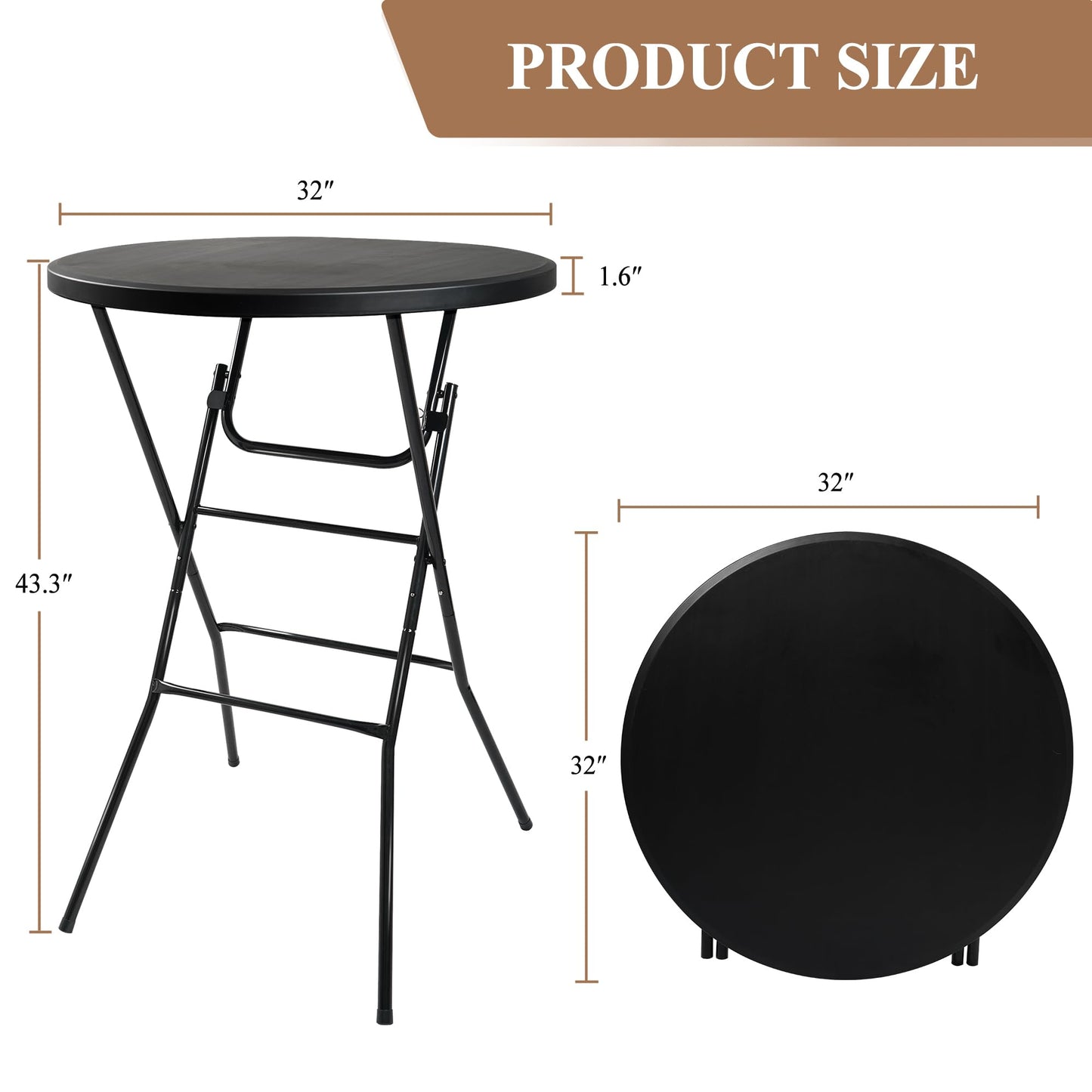 aoole Cocktail High Top Table, D32 x H43.3 Folding Round Table with Removable Legs, Foldable Bar Tables, Pub Tables for Weddings, Parties, Bistroa, Patio, Business Events (Black, Set of 1)