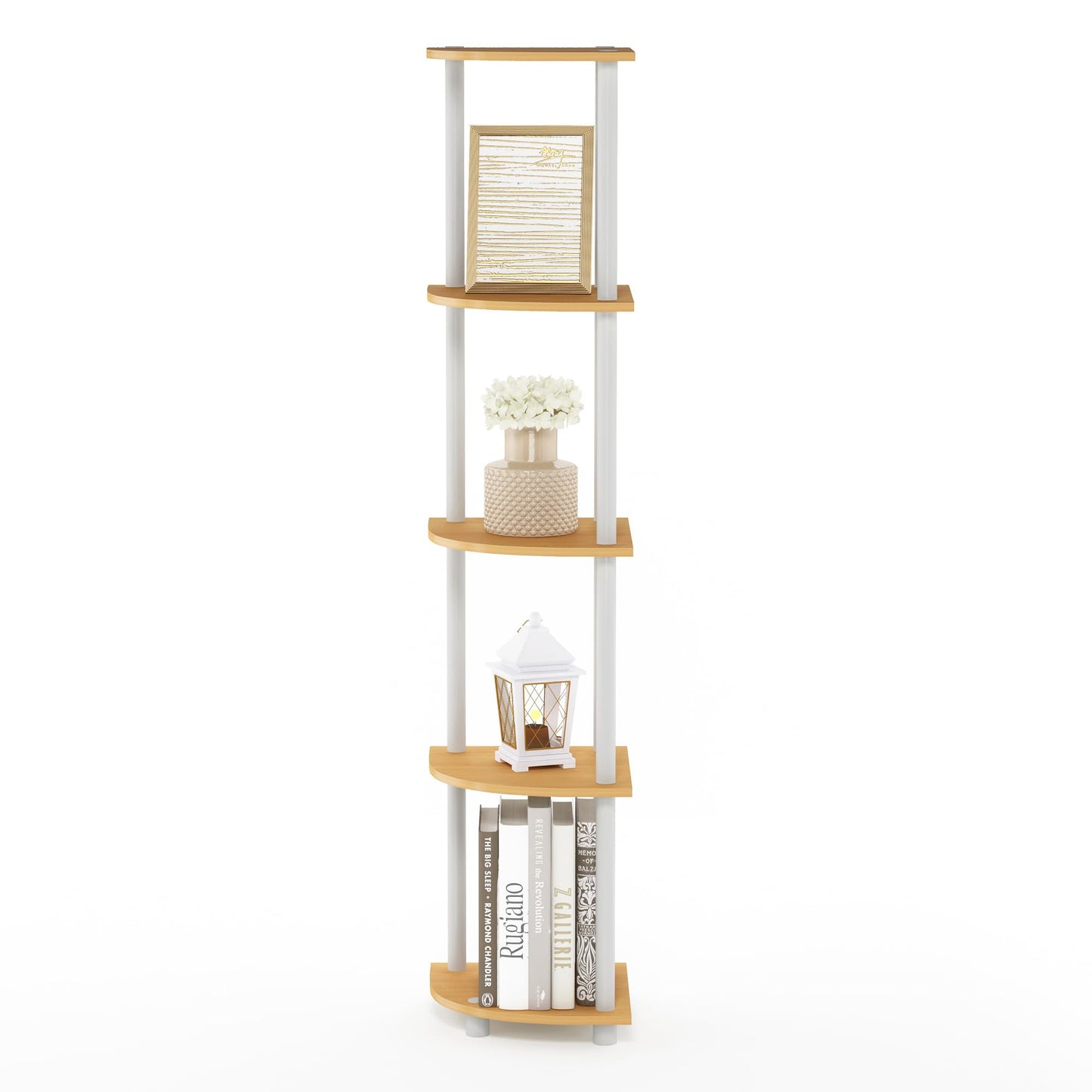 Furinno TURN-N-TUBE Corner Shelf, 5-Tier Corner Bookshelf, Open Storage Shelves, for Organization and Storage, Living Room, Home Office, Garage, Bedroom, Beech