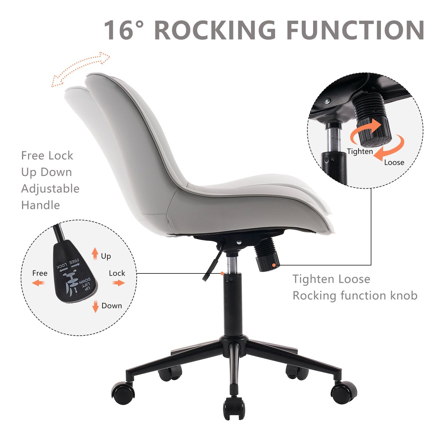 YOUNIKE Faux Leather Ergonomic Office Chair Armless Comfy Desk Chair with Rocking Back Cute Swivel Vanity Chair with Wheels Height Adjustable Small Computer Task Chair for Sewing Drafting Grey