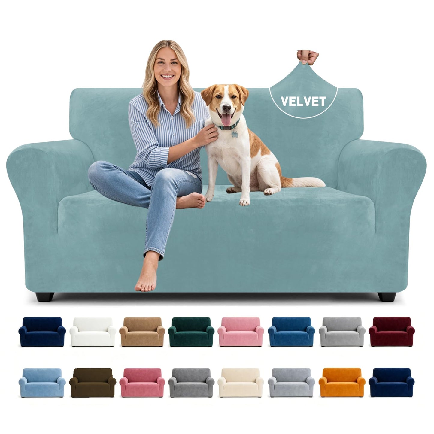 YEMYHOM Real Velvet Couch Covers for 2 Cushion Couch High Stretch 1 Piece Loveseat Slipcover for Pets Dogs Anti Slip Love Seat Sofa Slipcover Furniture Protector (55"-69", Dusty Blue)