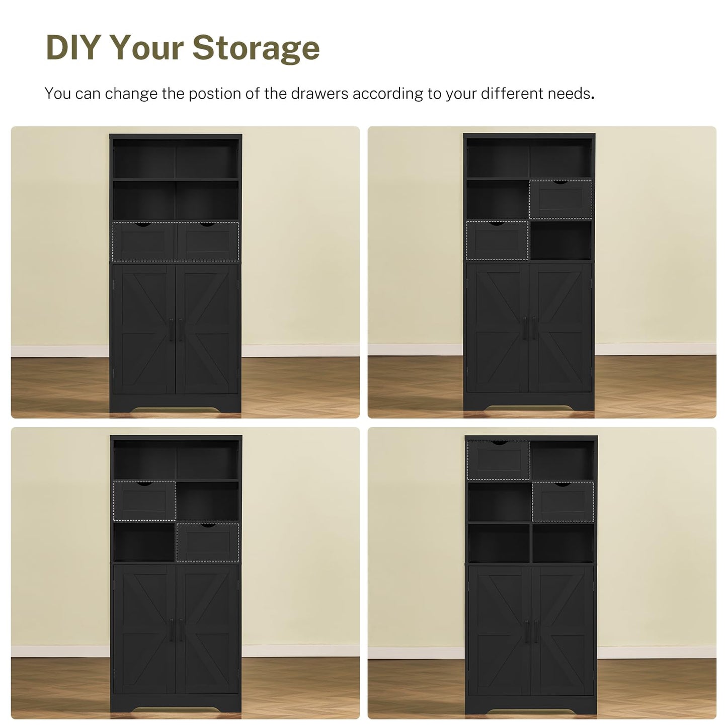 TEENFON Storage Cabinet with Doors & 2 Drawers, Kitchen Cabinet with Adjustable Shelf, Pantry Cabinets, Bathroom Cabinets, for Living Room, Entryway, Home Office, Black