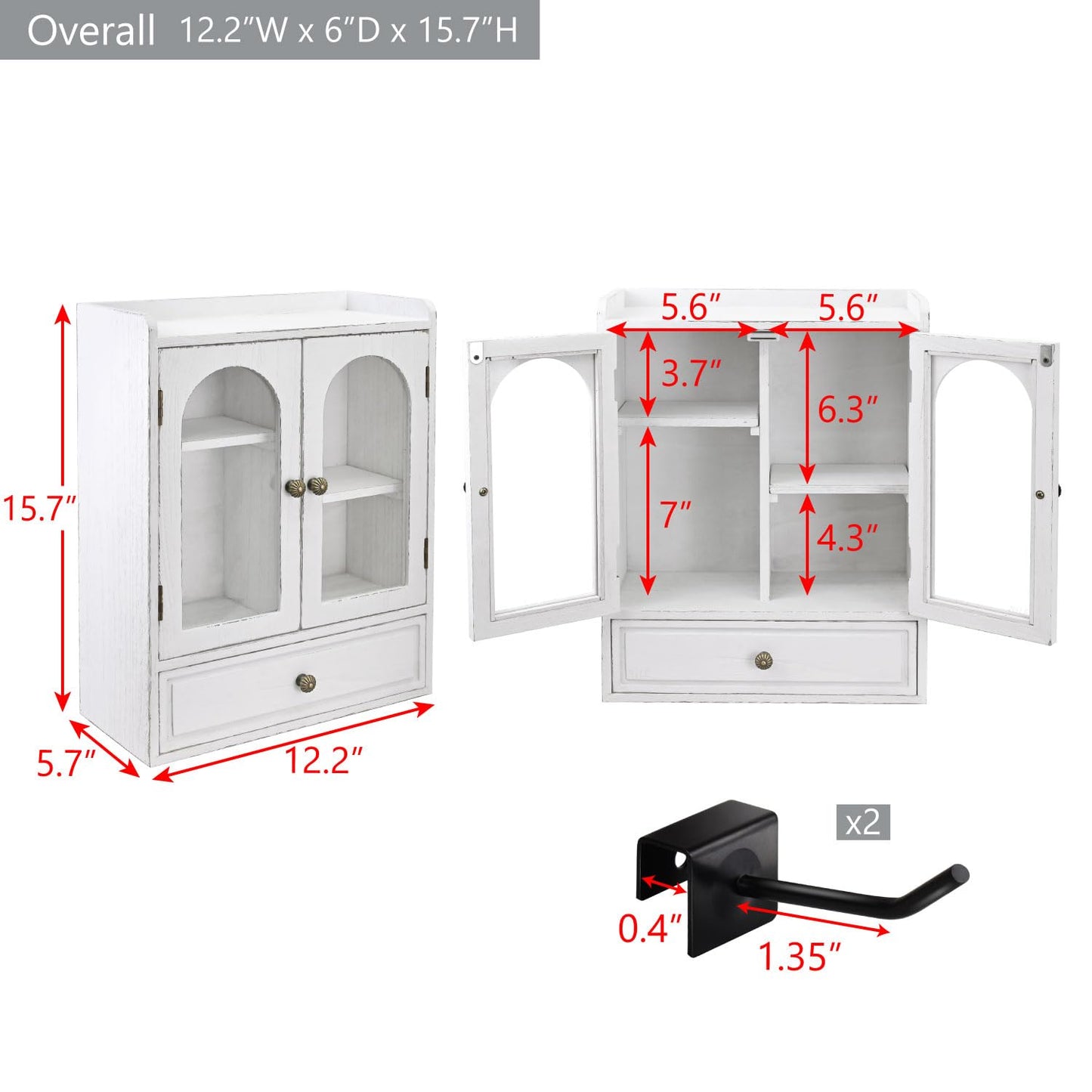 Ikee Design Wooden Countertop Storage Cabinet with Magnetic Door, Adjustable Shelves, Removable Hooks and Drawer for Perfume, Makeup, Pantry, Antique White, 12.2 W x 6 D x 15.7 H in