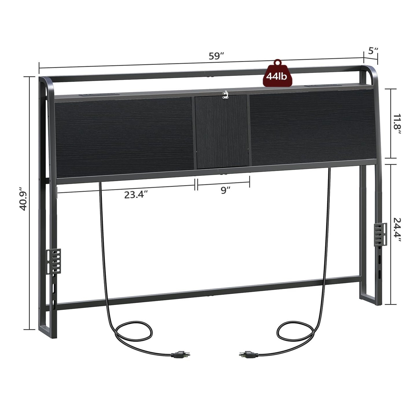 MAHANCRIS Headboard Queen Size Only, Headboard with 2 Power Strips, Industrial Head Board with Flip Door and Bed Frame Adapter, Height Adjustable, Black