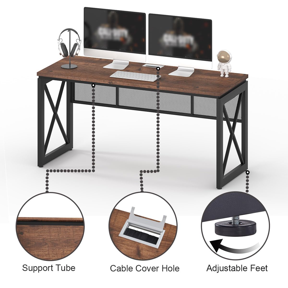 BON AUGURE 60 Inch Computer Desk for Home Office, Industrial Metal Wood Desks, Farmhouse Large Writing Table, Modern Sturdy Gaming Desk (Rustic Oak)