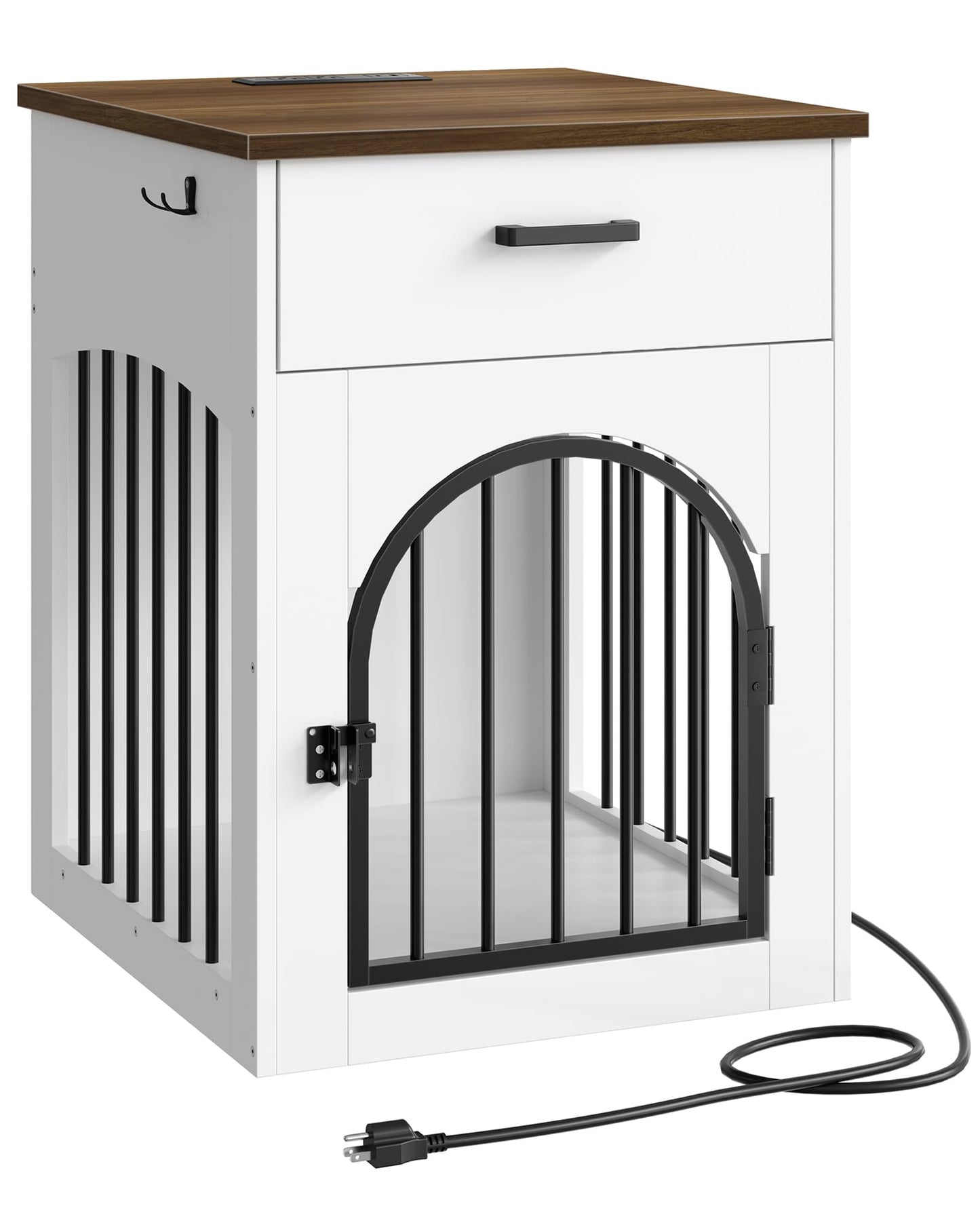 CHOEZON Dog Crate Furniture, Wooden Dog House with Charging Station and Storage Drawer, Indoor Pet Crate End Table for Small Breeds, Dog Kennel for Living Room, Bedroom, White and Walnut MGW01UWL