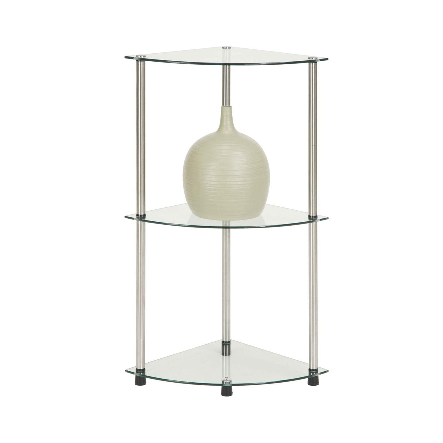 Convenience Concepts Designs2Go Classic Glass 3-Tier Corner Shelf 13.75" - Modern Media Bookshelf with Storage Shelves for Living Room, Display Storage Shelves for Family Room, Bathroom, Office, Glass/Chrome