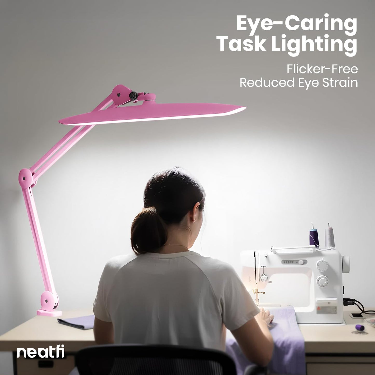 Neatfi XL 2200 Lumens 24W LED Desk Lamp – Shadow-Free Task Lighting | 4-Level Dimming | Home Office & Crafts Use | 20-Inch Wide Head (Pink, Non-CCT with Clamp)