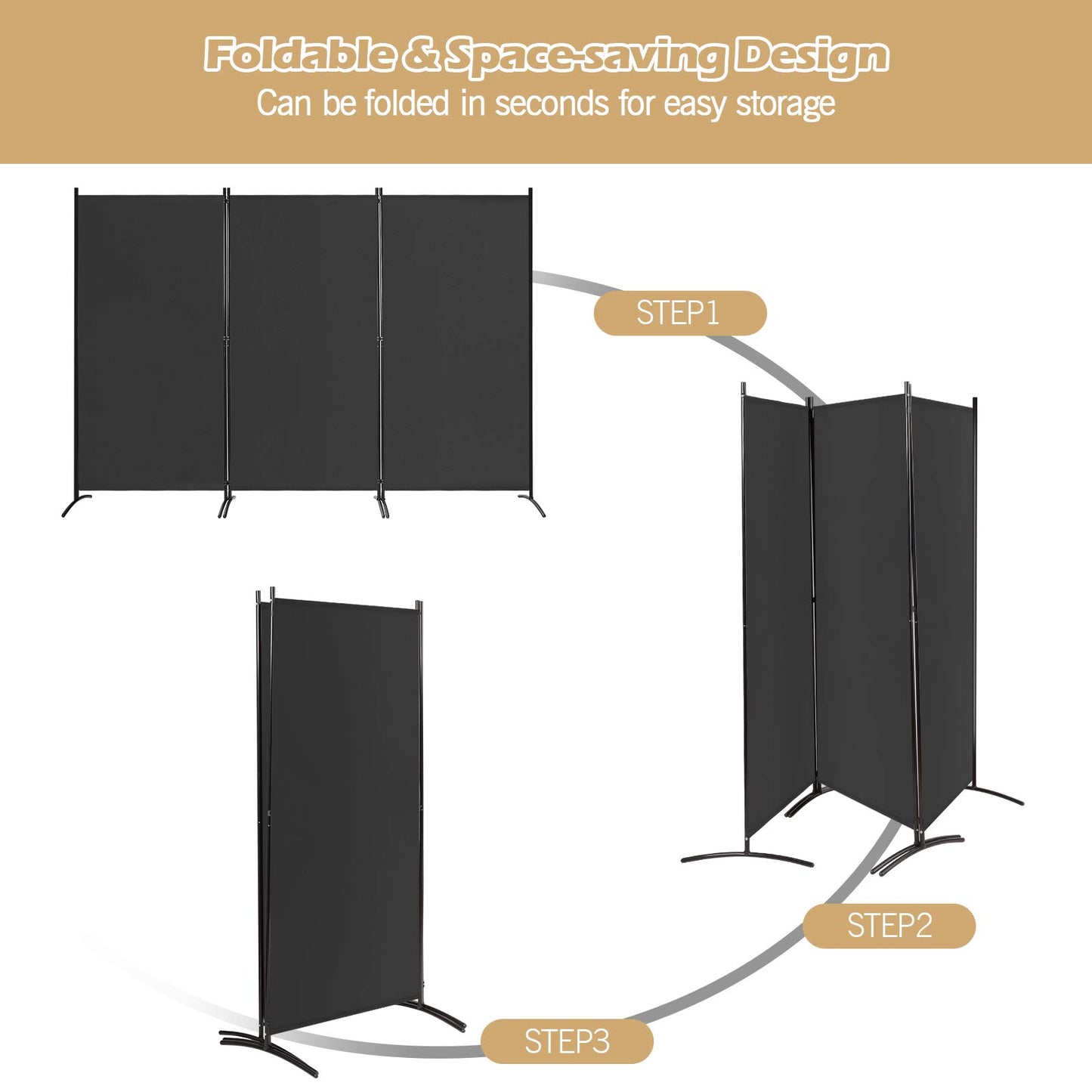 Giantex 6 Ft Tall 3 Panel Room Divider Black, Lightweight Portable Folding Privacy Screen, Freestanding Partition Wall Divider and Separator for Bedroom Home Office Apartment Studio