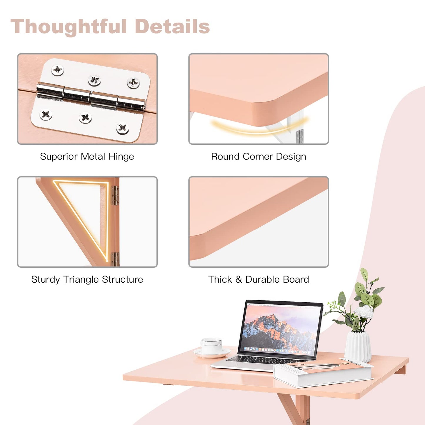 COSTWAY Wall Mounted Folding Table, 31.5" x 23.5" Drop-Leaf Floating Writing Desk for Small Spaces, Space-Saving Fold Down Laptop Workstation for Kitchen, Bedroom, Laundry Room, Study Room (Pink)