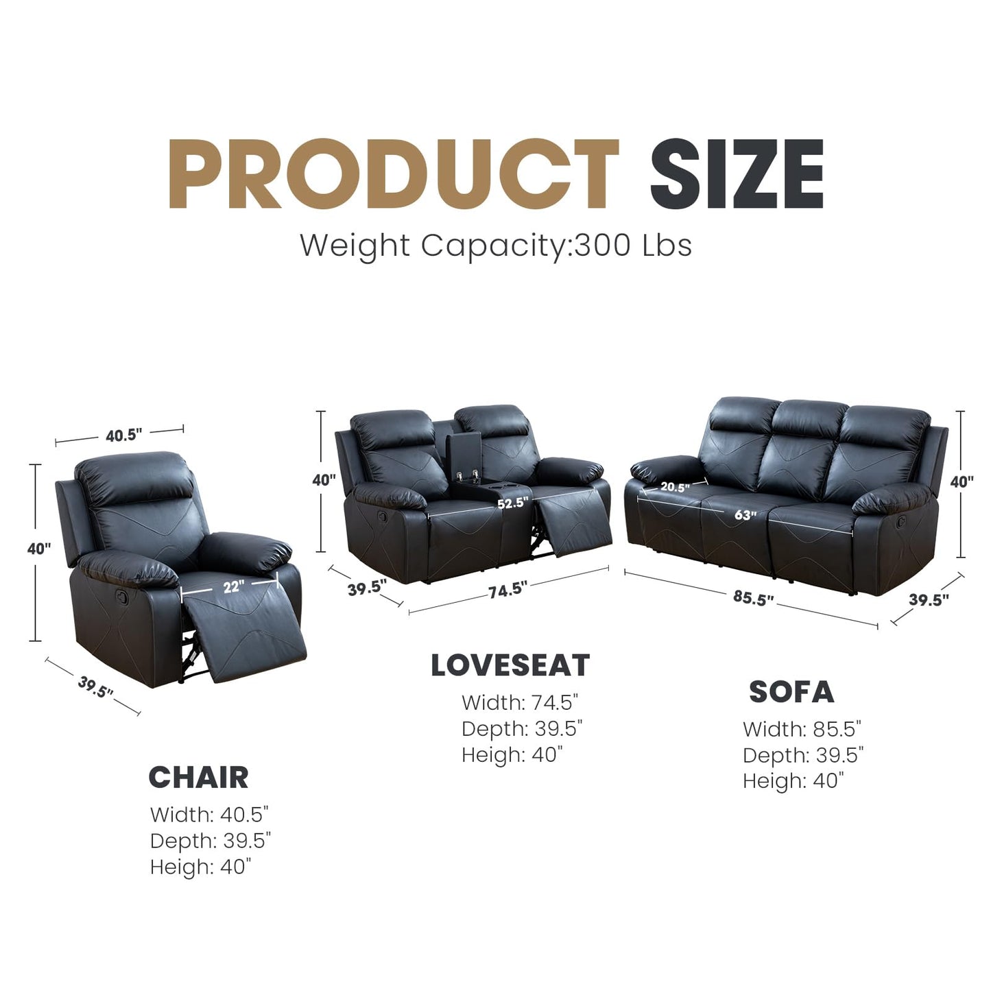 SIMPCHIC Power Recliner Sofa Set, Top Leather 3-Piece Sectional Couch Living Room Furniture Set for Home, Office and Apartment (Black)