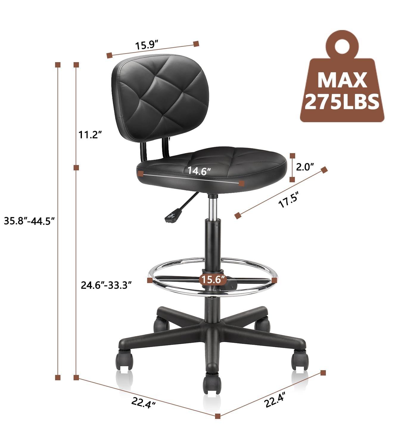 KLASIKA PU Leather Rolling Bar Stool with Wheels and Back, Tall Drafting Stool with Adjustable Height and Footrest, Multi-Purpose Office Desk Chair for Home Kitchen Shop Work, Black (1PK)
