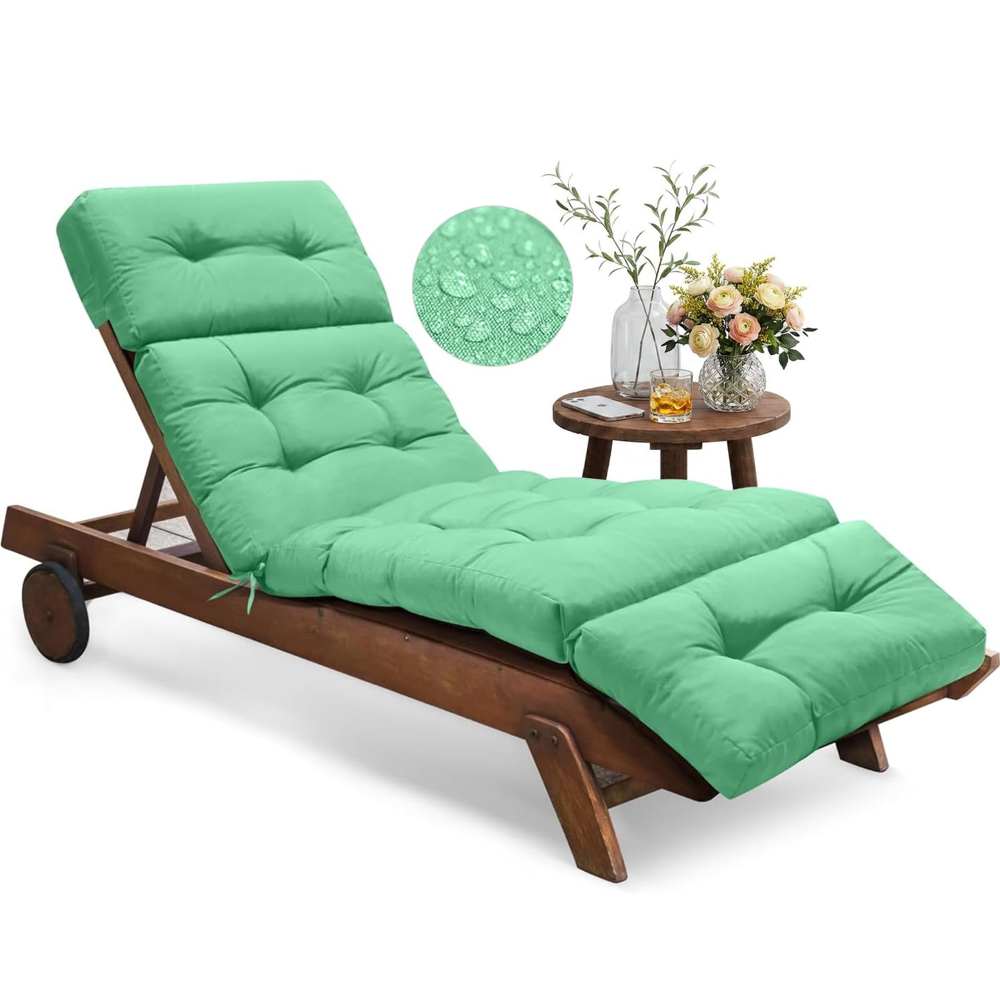 Tycdiose Outdoor Chaise Lounge Chair Cushion Waterproof 74.4 x 22 x 4.7 Inches Memory Foam Lounge Chair Cushions Replacement for Outdoor Furniture with Ties, Thickened Pool Lounge Chair Cushion, Cyan