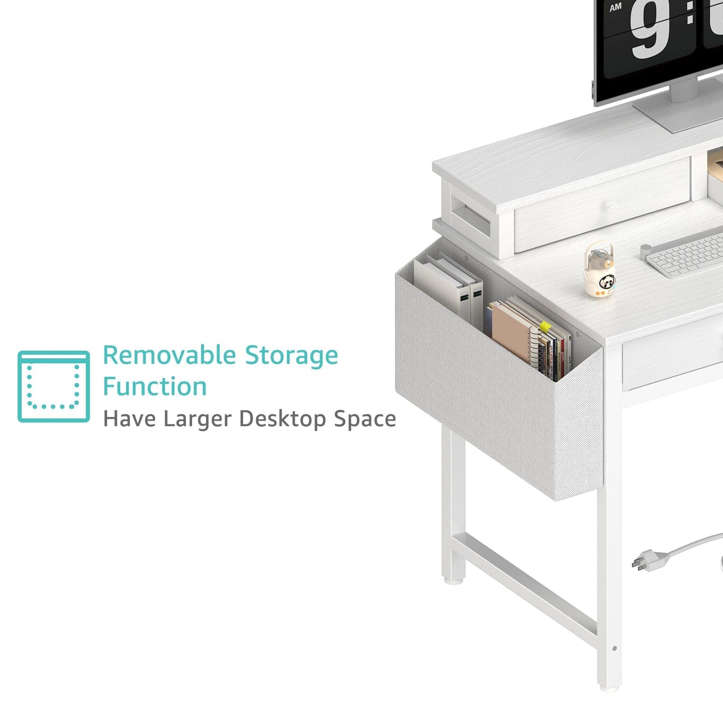 Lufeiya Small White Kids Desk with Fabric Drawers for Bedroom, 32 inch Vanity Makeup Desk with Drawers Storage for Home Office, Writing Study Table with Power Outlet & Monitor Stand, White