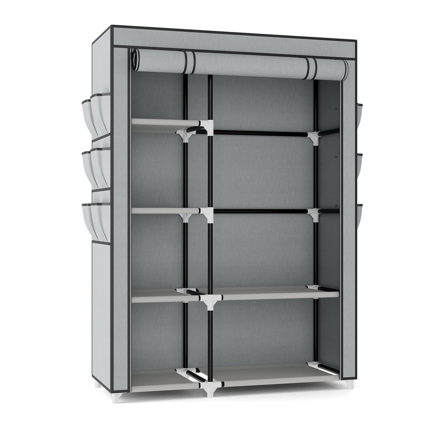 VTRIN Wardrobe Closet, 41.7 Inch Wide Portable Closets for Hanging Clothes with 1 Hanging Rod, 6 Shelves, 6 Pockets, Clothes Rack with Cover Portable Wardrobe Closet for Bedroom, Dorm, Grey