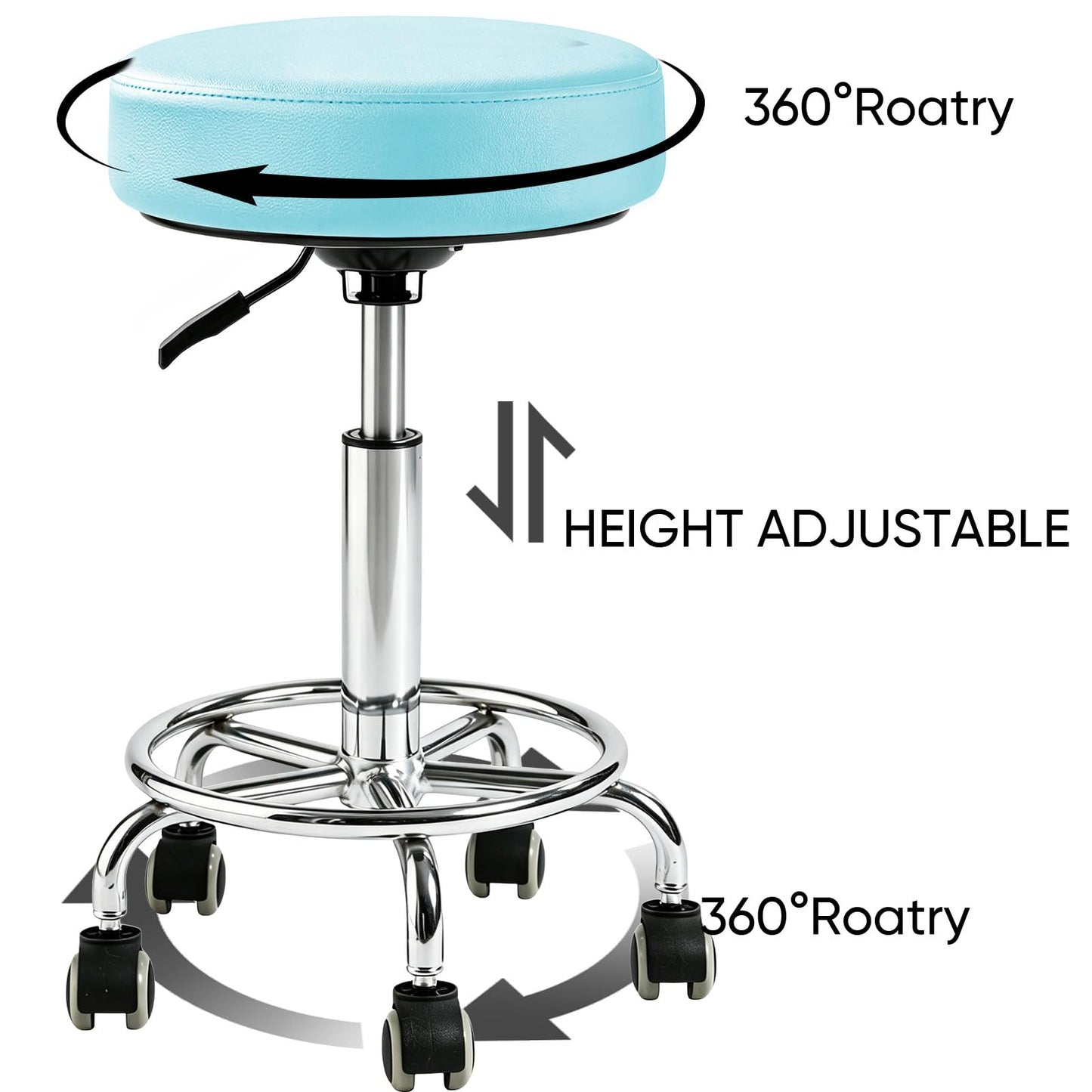Rolling Stool with Wheels, Comfort Cushion Professional Swivel Drafting Stool, Height Adjustable Heavy Duty 500 lb Stool with Silent Casters and Foot Ring for Salon Tattoo Clinic Home Office,Blue