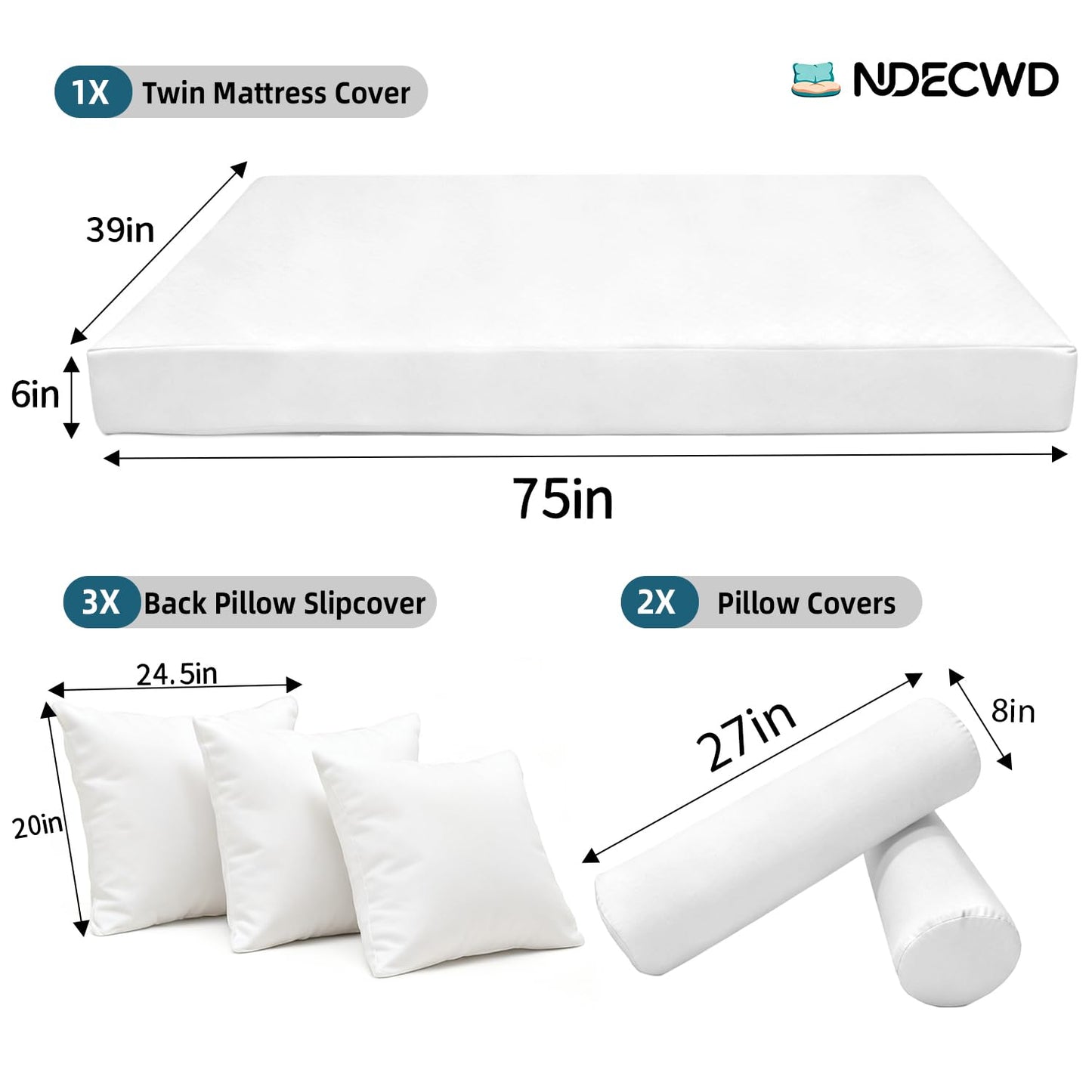 Twin Size Daybed Cushion Cover, Water-Repellent Porch Swing Mattress Slipcover (Fits 6" Depth), Heavy-Duty UV Resistant Patio Bed Protector with U-Shaped Zipper, Cover Only (White, 75 * 39 * 6in)