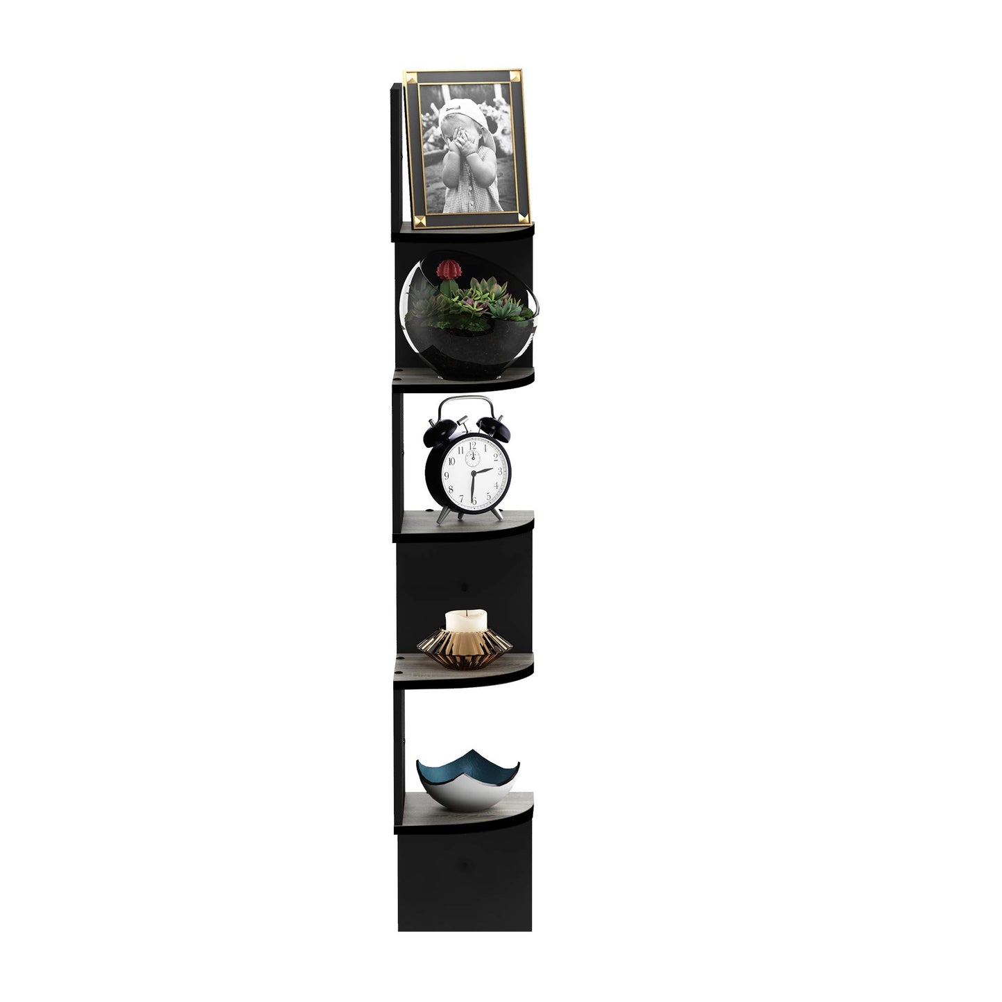 Furinno Rossi Wall Mount Floating Corner Shelf, 5-Tier Radial, French Oak Grey/Black
