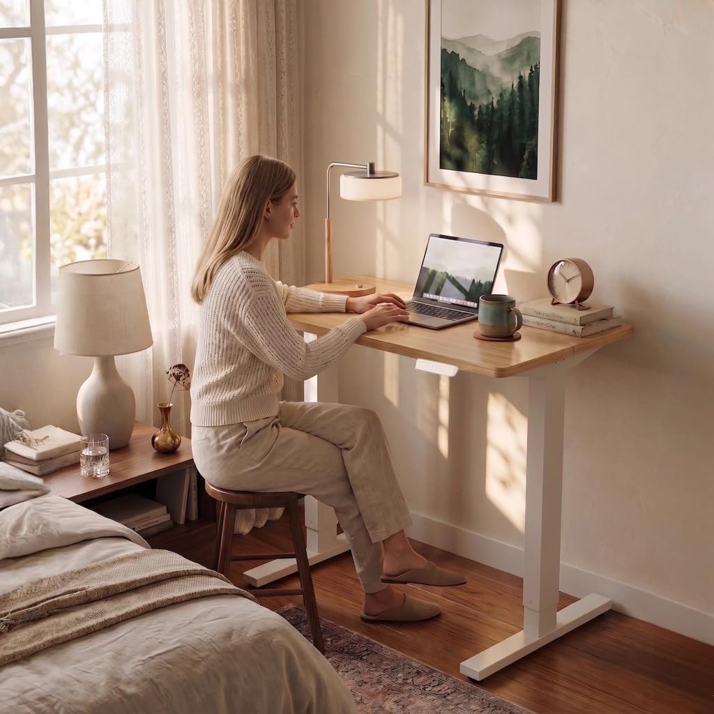 HUANUO Electric Standing Desk,48" x 24" Height Adjustable Desk, 4 Memory Height Settings, Sit to Stand Up Desk for Home Office, with Headphone Hook, Cable Manager, Natural