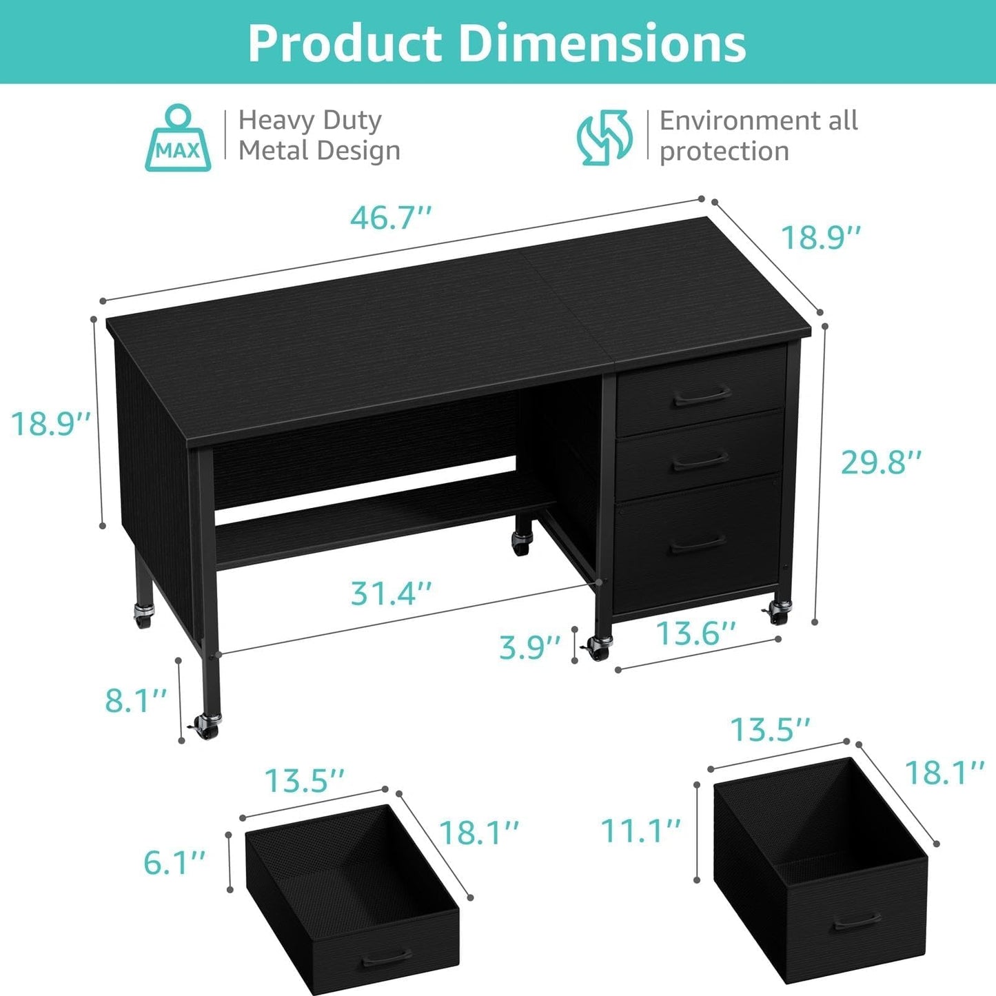 Rolling Teacher Desk with File Drawer & Privacy Panel, 47" Mobile Computer Desk with 3 Storage Drawers on Wheels, Modern Office Desks with File Cabinet for Classroom & Home Office, Black