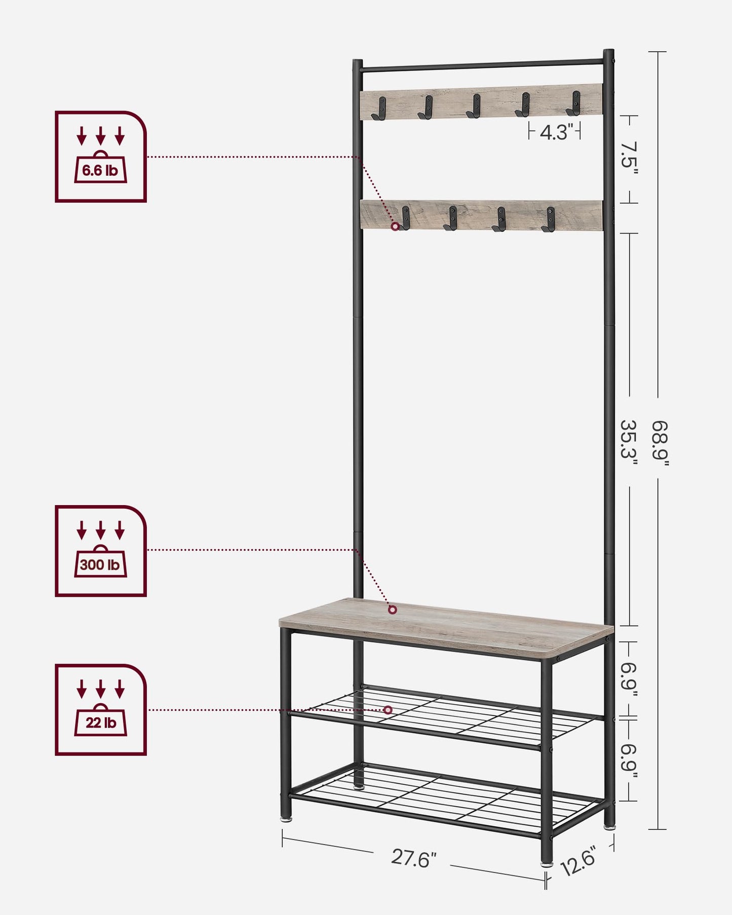 VASAGLE Coat Rack, Hall Tree with Shoe Storage Bench, Entryway Bench with Shoe Storage, 3-in-1, Steel Frame, for Entryway, 12.6 x 27.6 x 68.9 Inches, Industrial, Greige and Black UHSR41MB